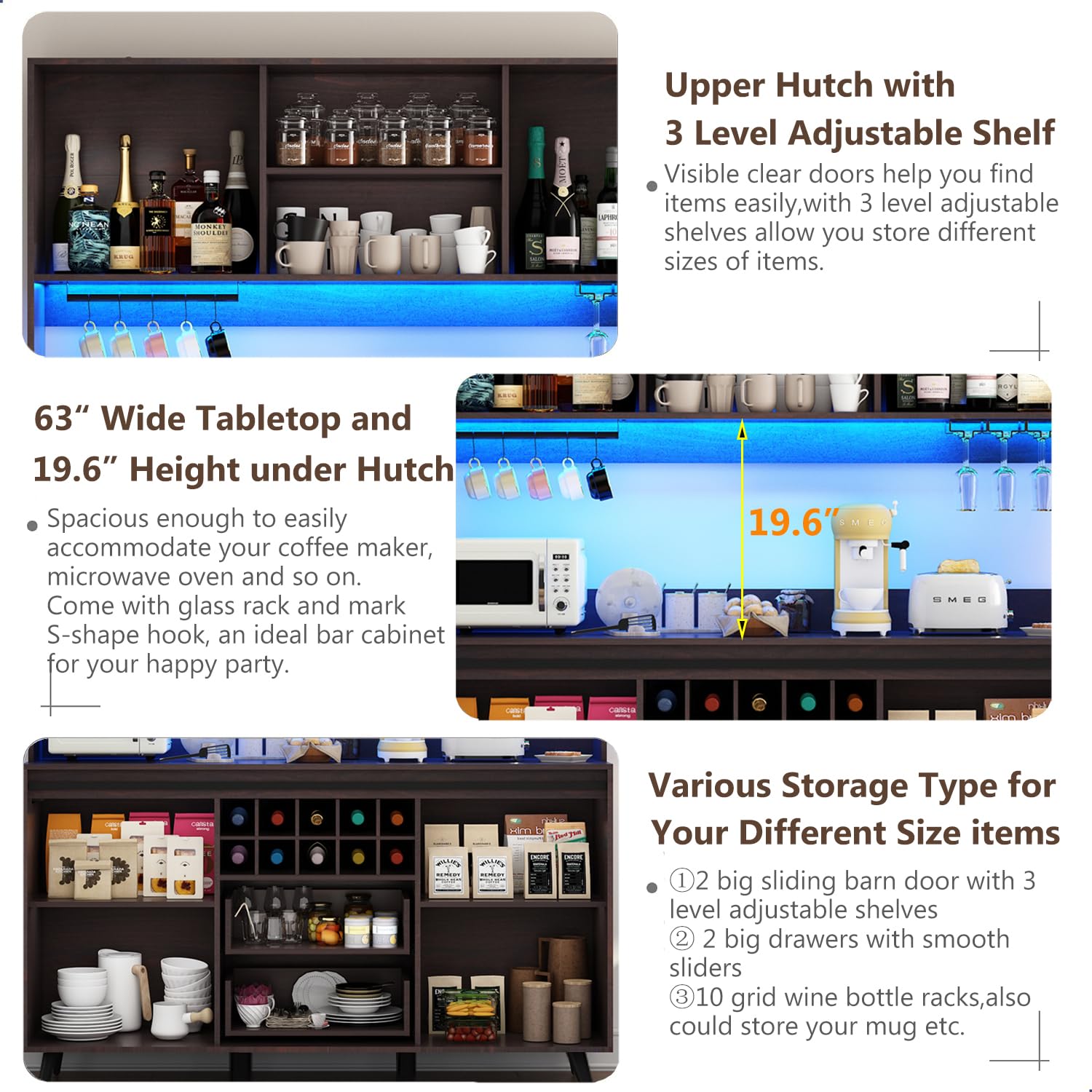 75" Tall Large Farmhouse Coffee Bar Cabinet, 63" Wide Buffet Sideboard with Barn Door, LED Lights, Outlets, 10 Wine Bottle/12 Wine Glasses Rack, 2 Drawers