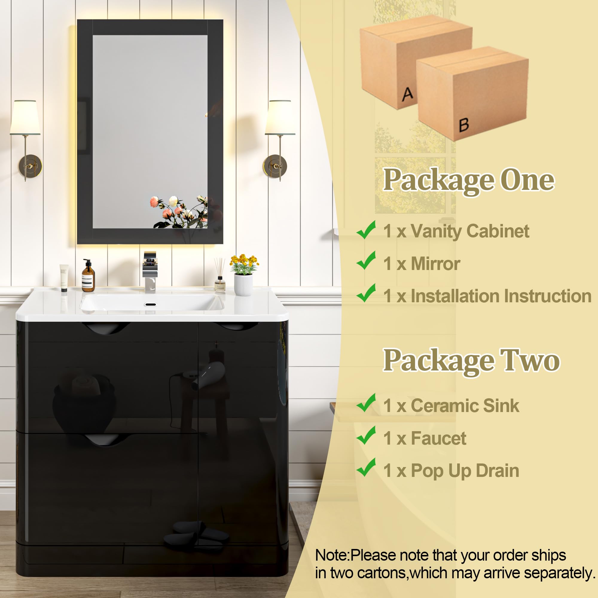 ANPOO 24 Inch High Gloss Bathroom Vanity with Sink, Mirror and Faucet, Freestanding Storage Cabinet with 2 Drawers, Modern Ceramic Sink Vanity Combo