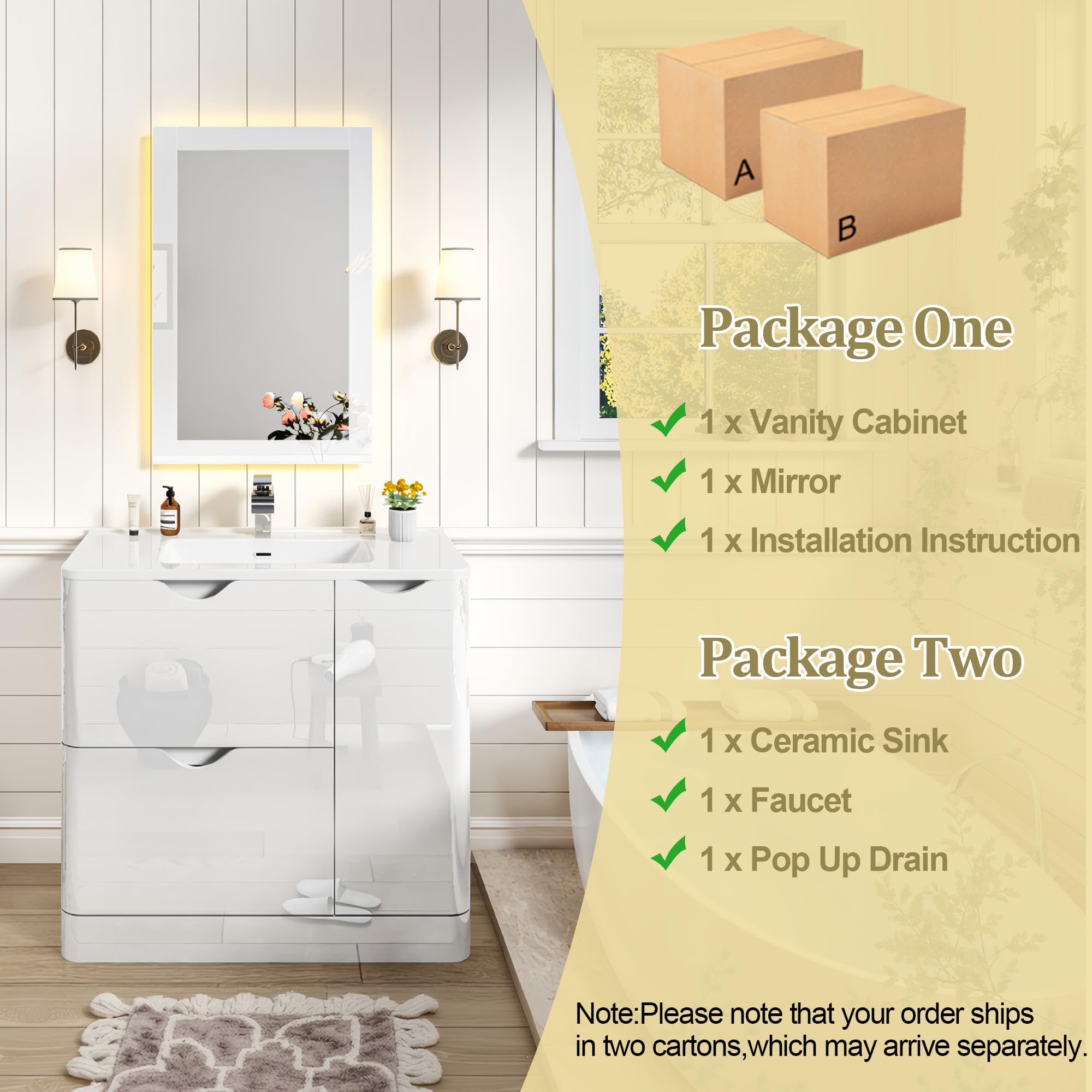 ANPOO 24 Inch High Gloss Bathroom Vanity with Sink, Mirror and Faucet, Freestanding Storage Cabinet with 2 Drawers, Modern Ceramic Sink Vanity Combo