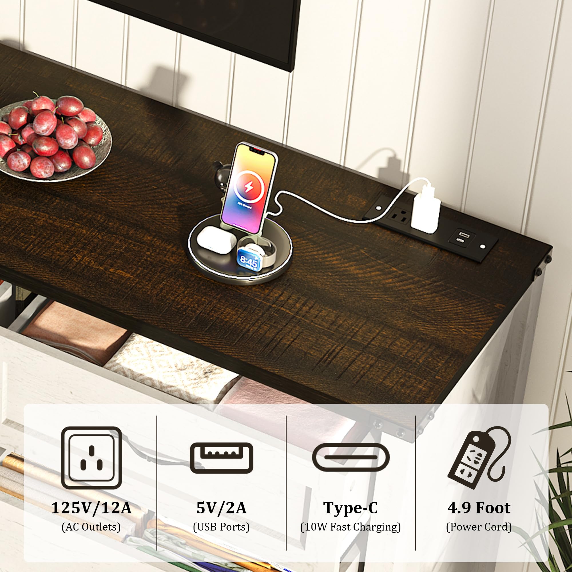 ANPOO 63 Inch Wide Rustic Farmhouse 12 Drawer Dresser, Vintage Wood Chest with Built-in Multi Power Outlet, Wood Dresser for Bedroom, Living Room, Hallway