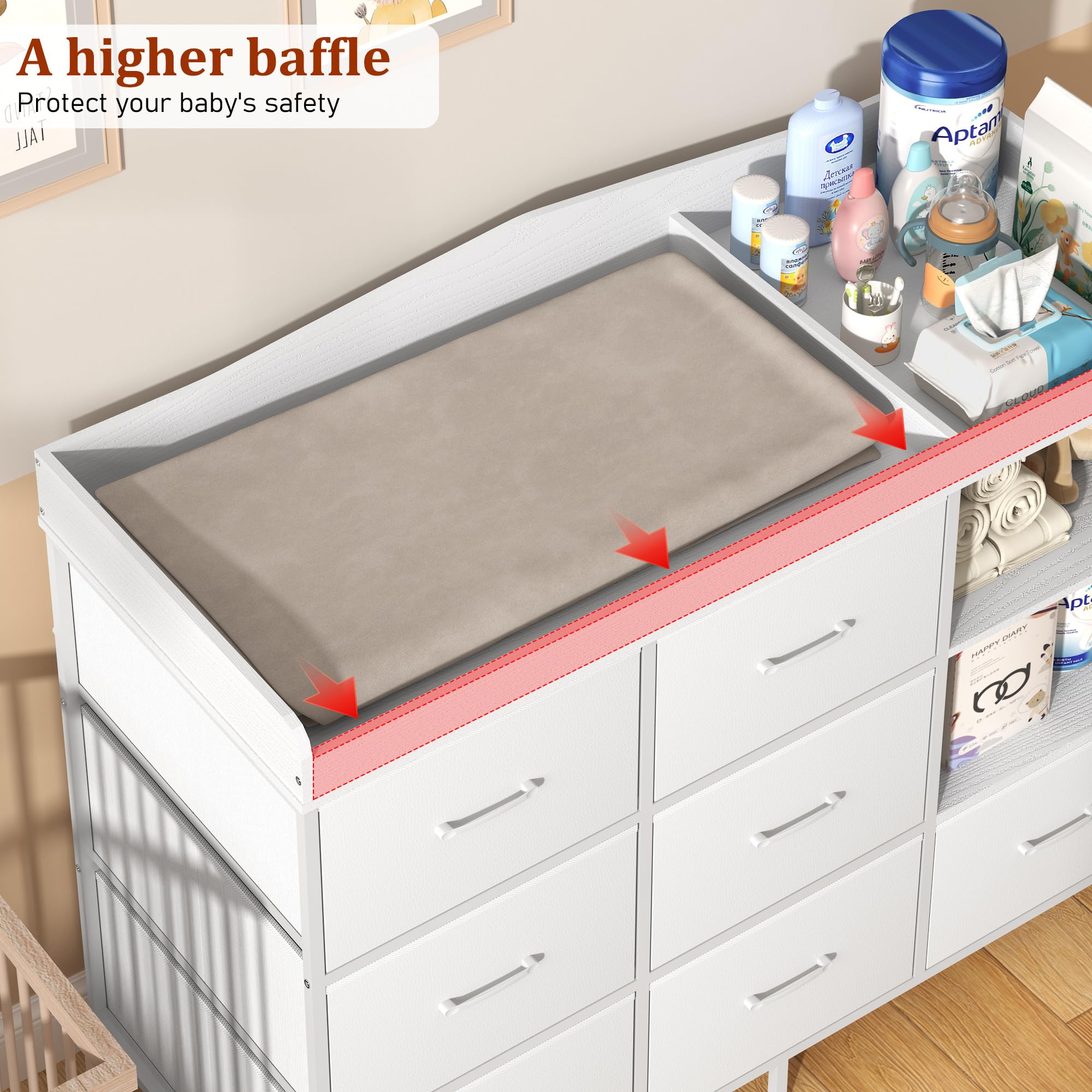 ANPOO Baby Changing Table Dresser with 7 Fabric Drawers, Changing Top & Open Shelves, Nursery Storage Organizer White