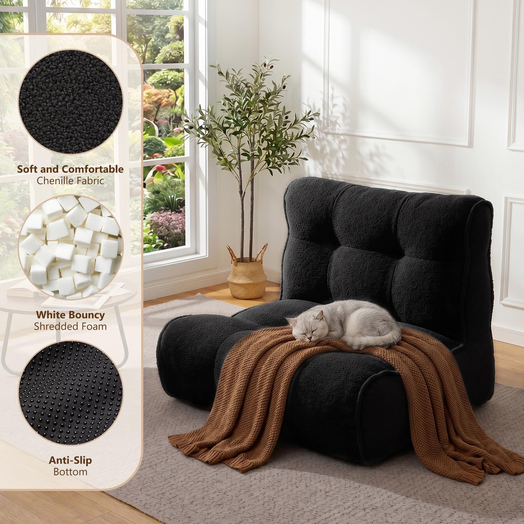 Chenille Bean Bag Floor Couch, Oversized Memory Foam Lazy Sofa, Plush Textured Floor Lounger for Bedroom, Living Room, Dorm & Game Room