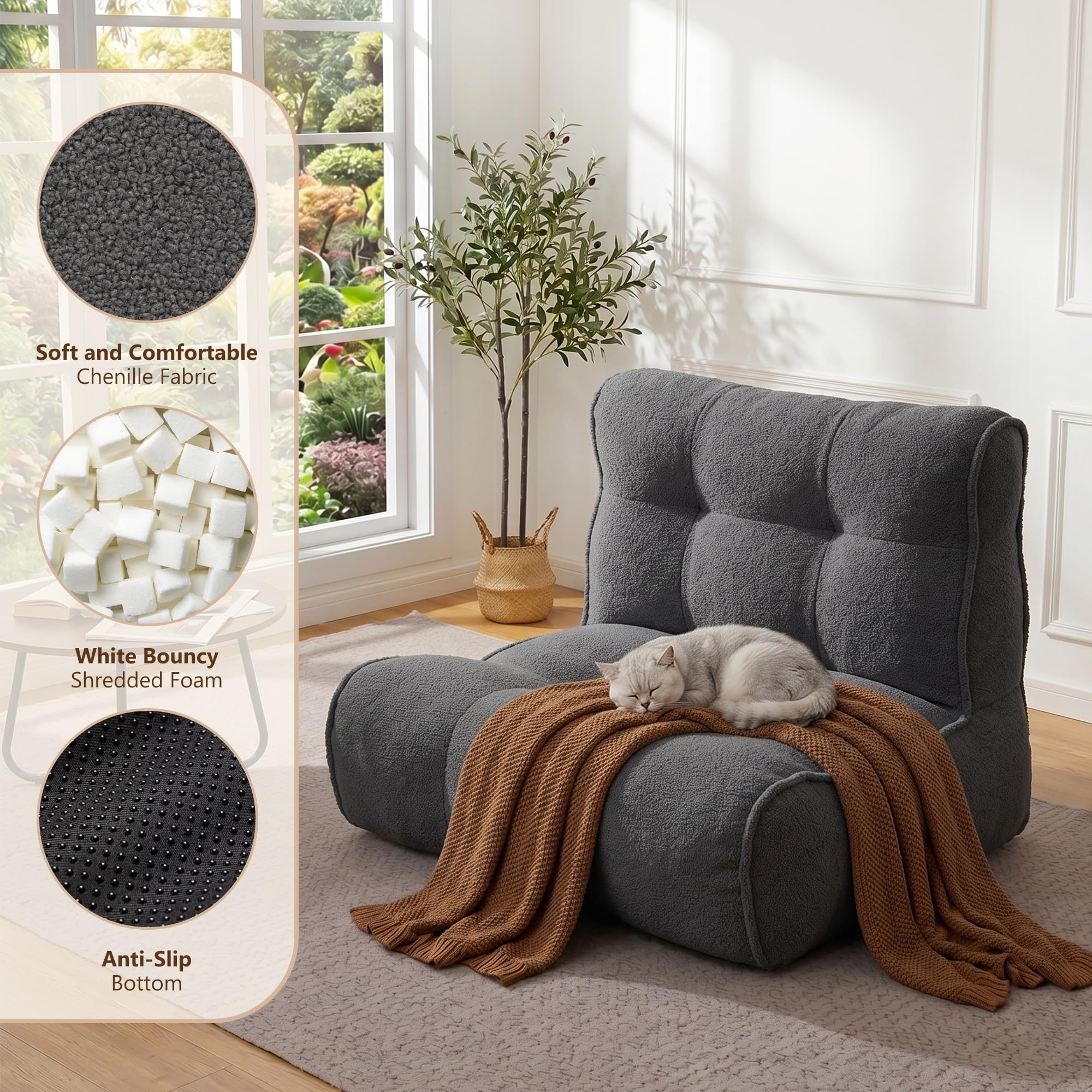 Chenille Bean Bag Floor Couch, Oversized Memory Foam Lazy Sofa, Plush Textured Floor Lounger for Bedroom, Living Room, Dorm & Game Room