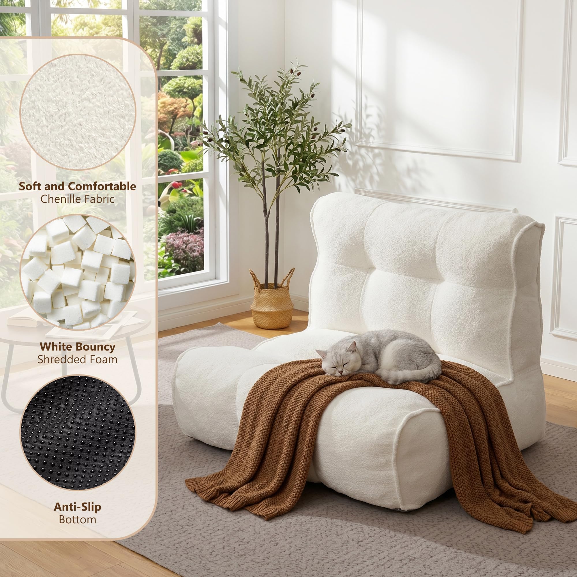 Chenille Bean Bag Floor Couch, Oversized Memory Foam Lazy Sofa, Plush Textured Floor Lounger for Bedroom, Living Room, Dorm & Game Room