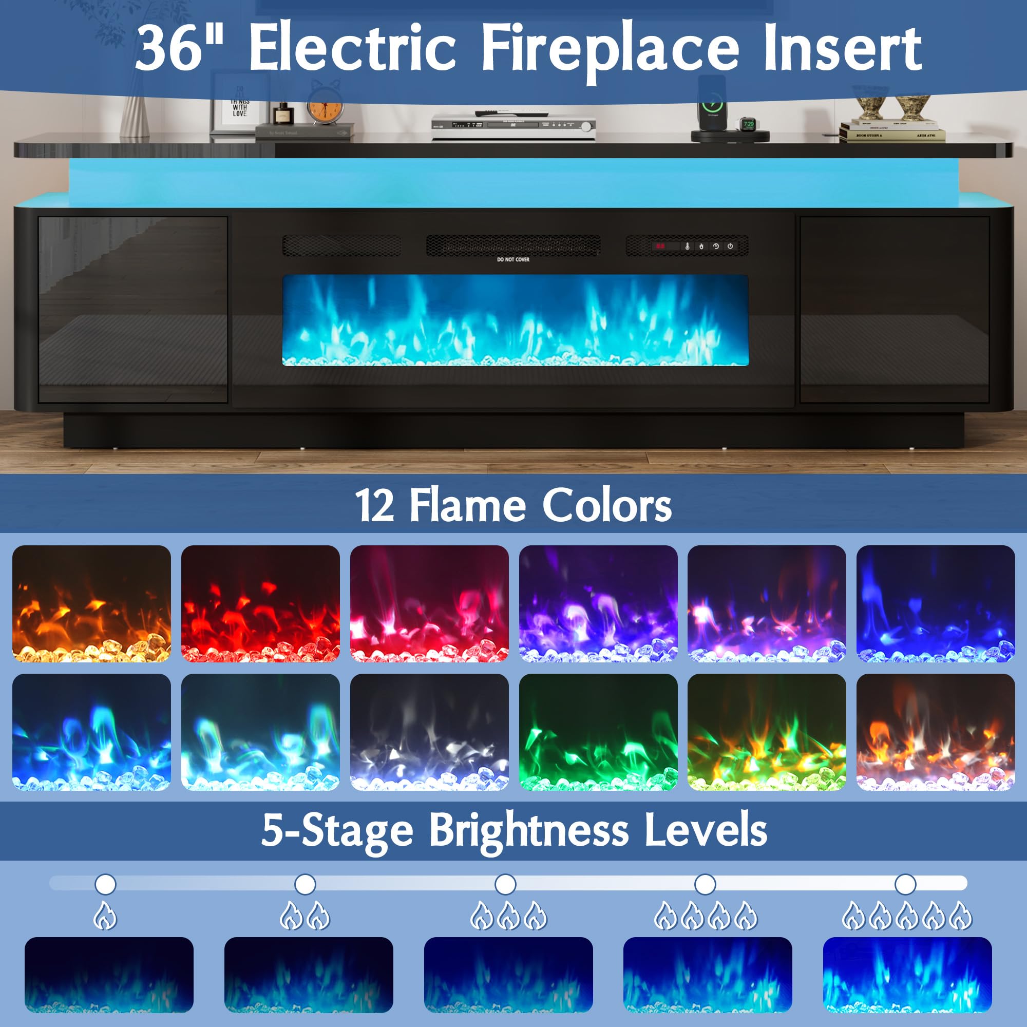 71 Inch Gloss Fireplace Media Console, 36" Electric LED Flame TV Cabinet Fits Up To 80 Inch Television