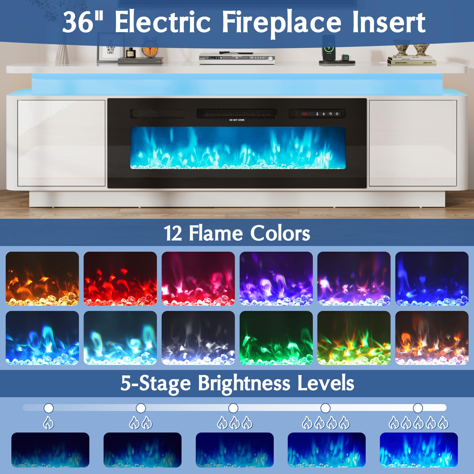 71 Inch Gloss Fireplace Media Console, 36" Electric LED Flame TV Cabinet Fits Up To 80 Inch Television