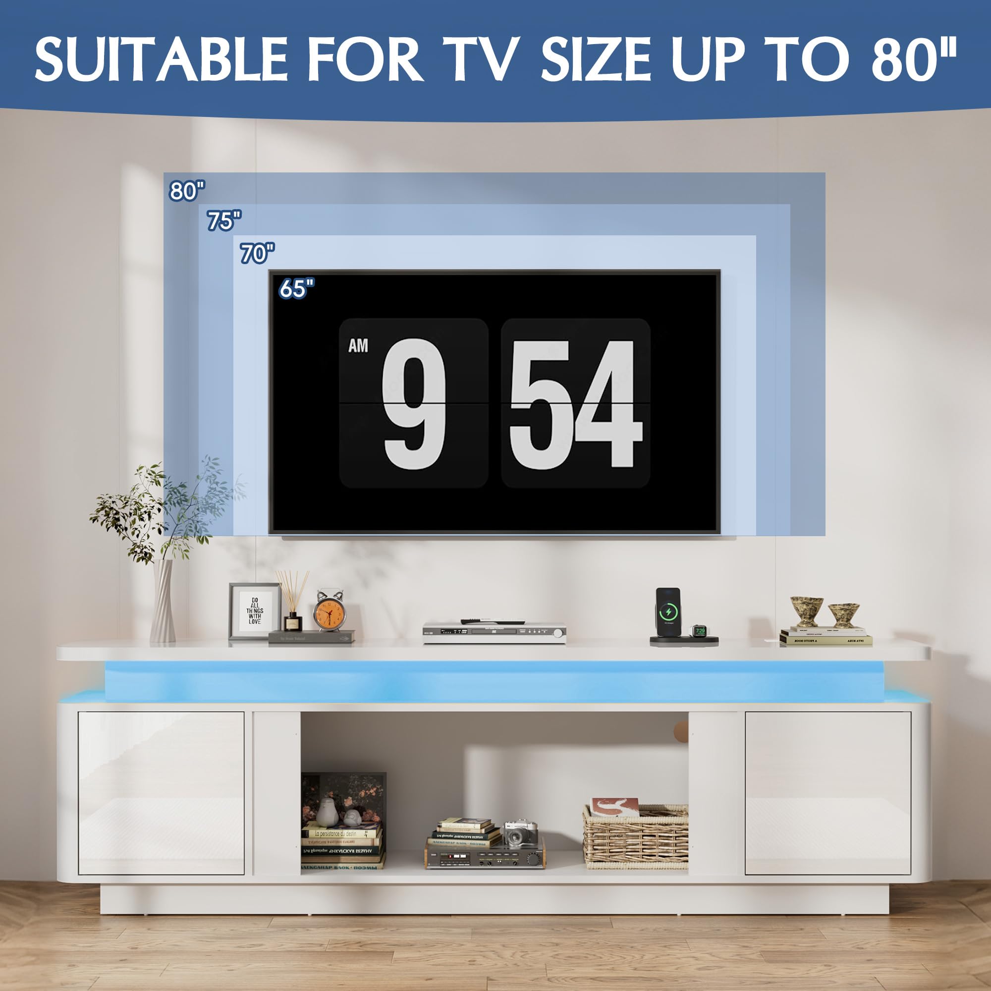  71 Inch White High Gloss Media Console, TV Cabinet With Power Strip, LED Lights & Storage For Up To 80 Inch Television