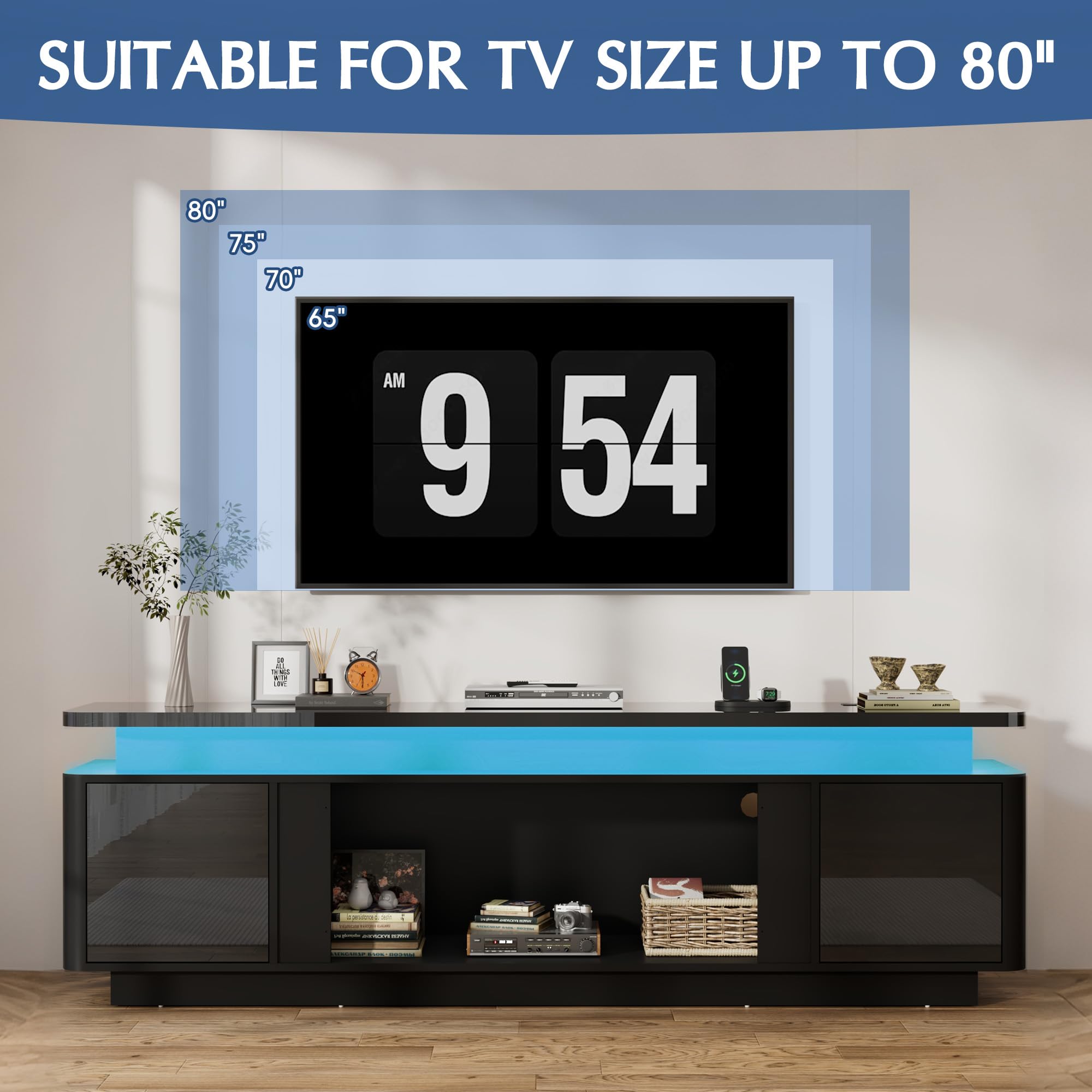  71 Inch White High Gloss Media Console, TV Cabinet With Power Strip, LED Lights & Storage For Up To 80 Inch Television