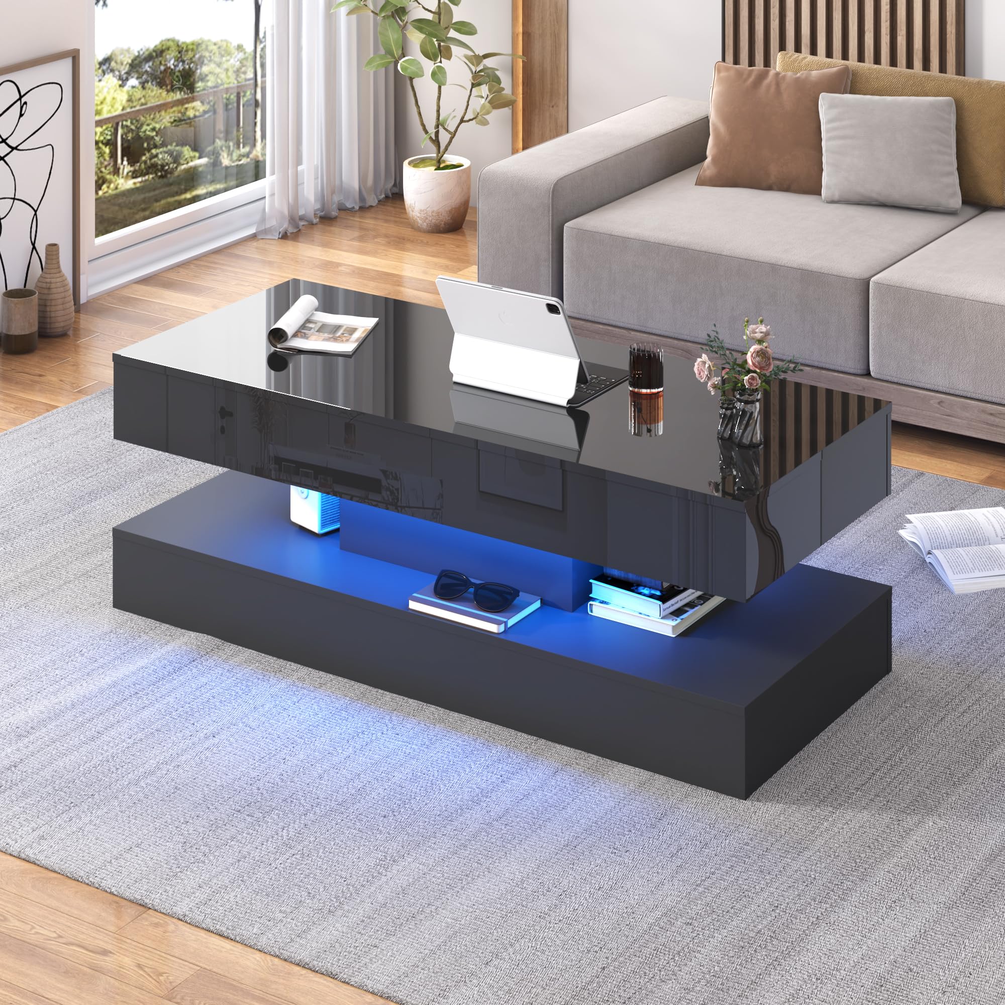 ChVans 47" Large Lift Top Coffee Table with Charging Station & LED Lights, High Glossy White LED Coffee Table with Hidden Compartment Storage, Modern Living Room Tables w/Marbling Print