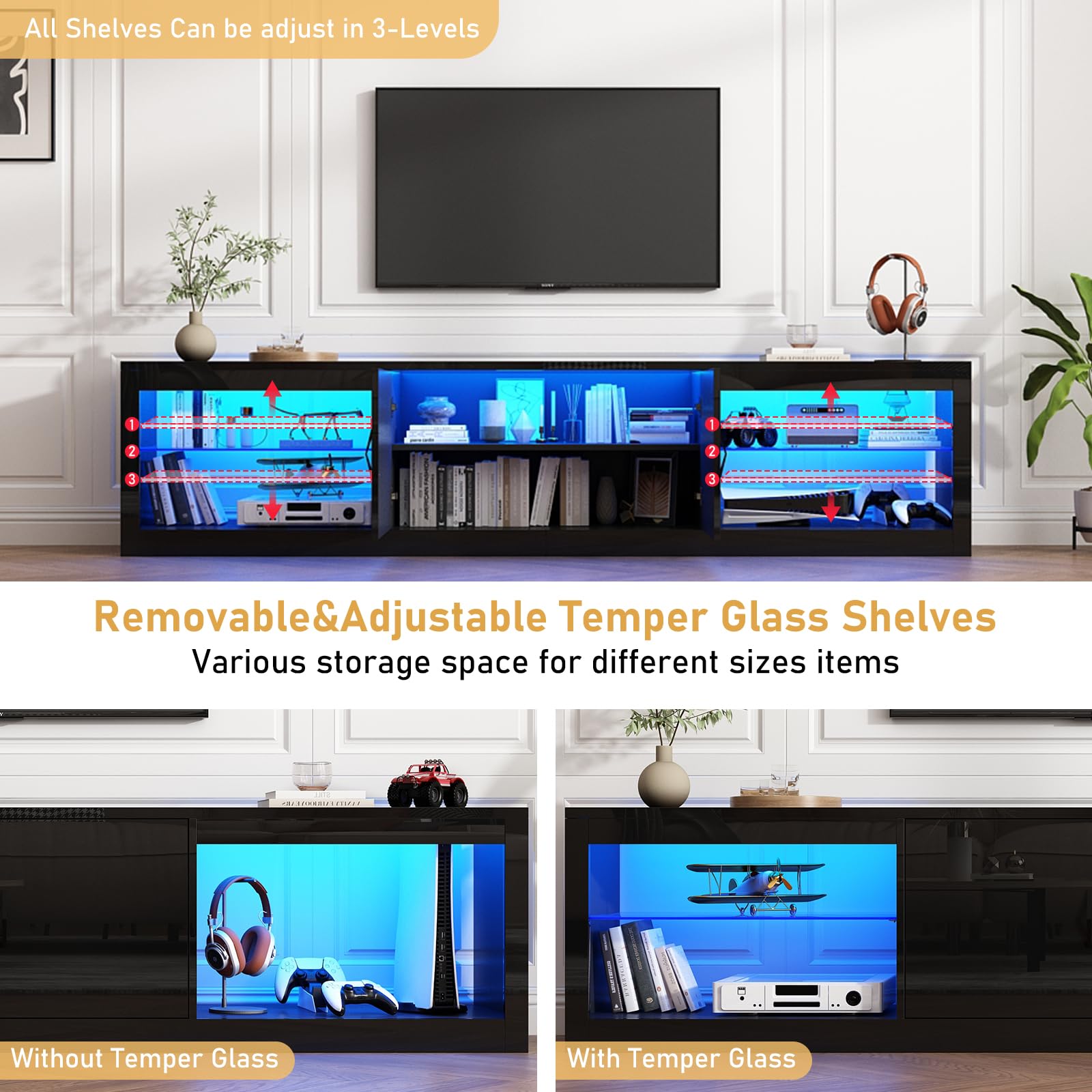 ChVans Large LED TV Stand for 80/85/90" TV with Power Outlets, Living Room Entertainment Center with Storage Drawers&Cabinets Furniture, Black High Gloss TV Cabinet Console Table-80.6"