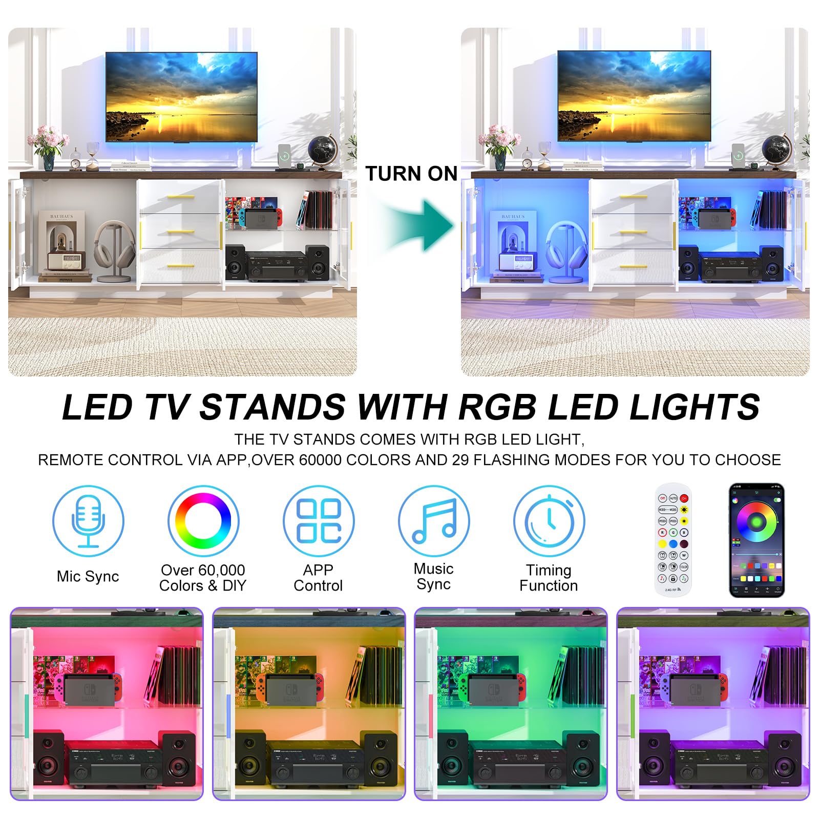 ChVans 69" Modern LED TV Stand for TVs up to 80" with Power Outlets, High Gloss Entertainment Center with Open Shelves & Storage Cabinets & Drawers for Living Room, Game Room, Bedroom