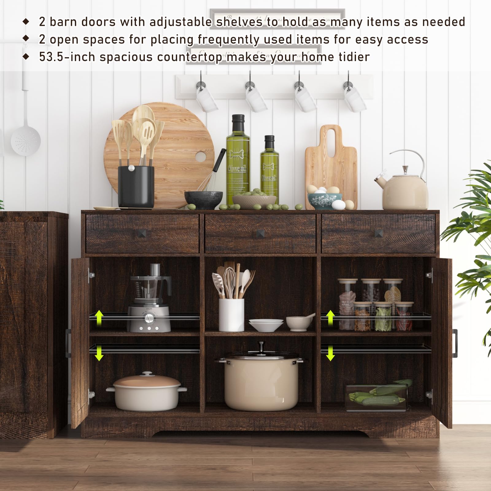 ChVans 54'' 3 Drawer Coffee Bar Cabinet with Power Charging Station & & 2 Doors