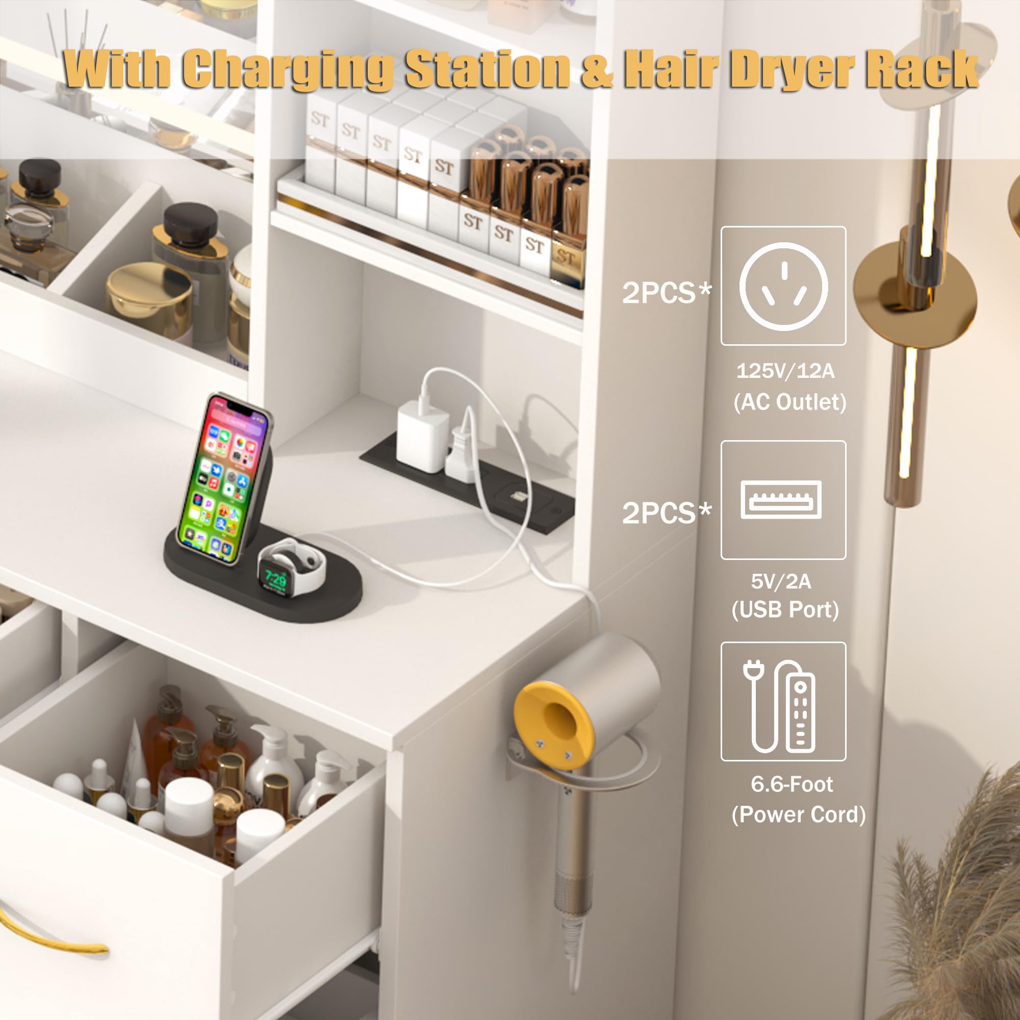 Large Vanity Desk Set with Mirror & LED Light & Power Outlet, 47" White Makeup Vanity with 6 Shelves & 7 Drawers for Women, Girls Gift