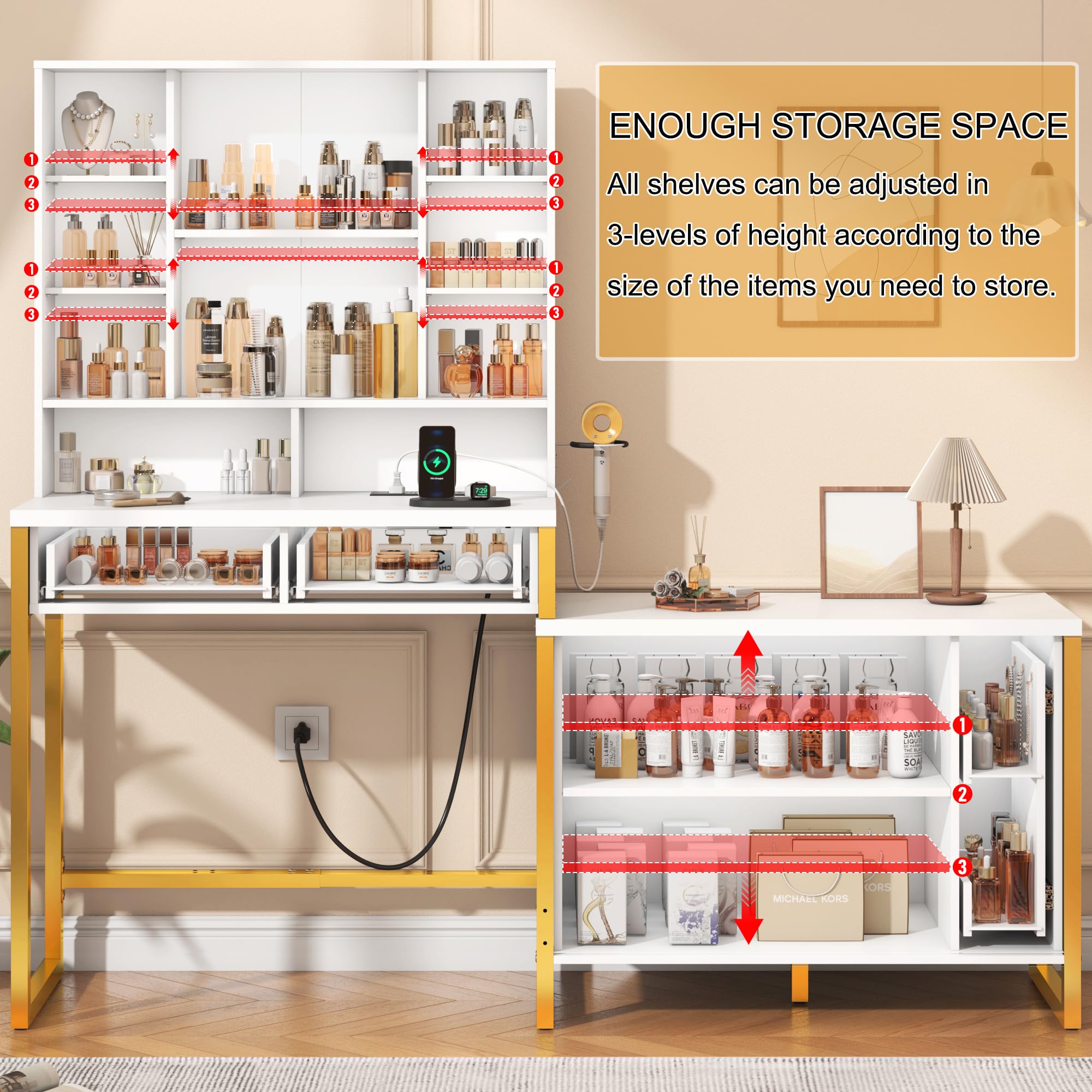 ChVans Corner Vanity Desk with Sliding Mirror and Lights, White and Gold Desk Vanity Tables with Storage Cabinet, Dressing Table for Girls, Women, White