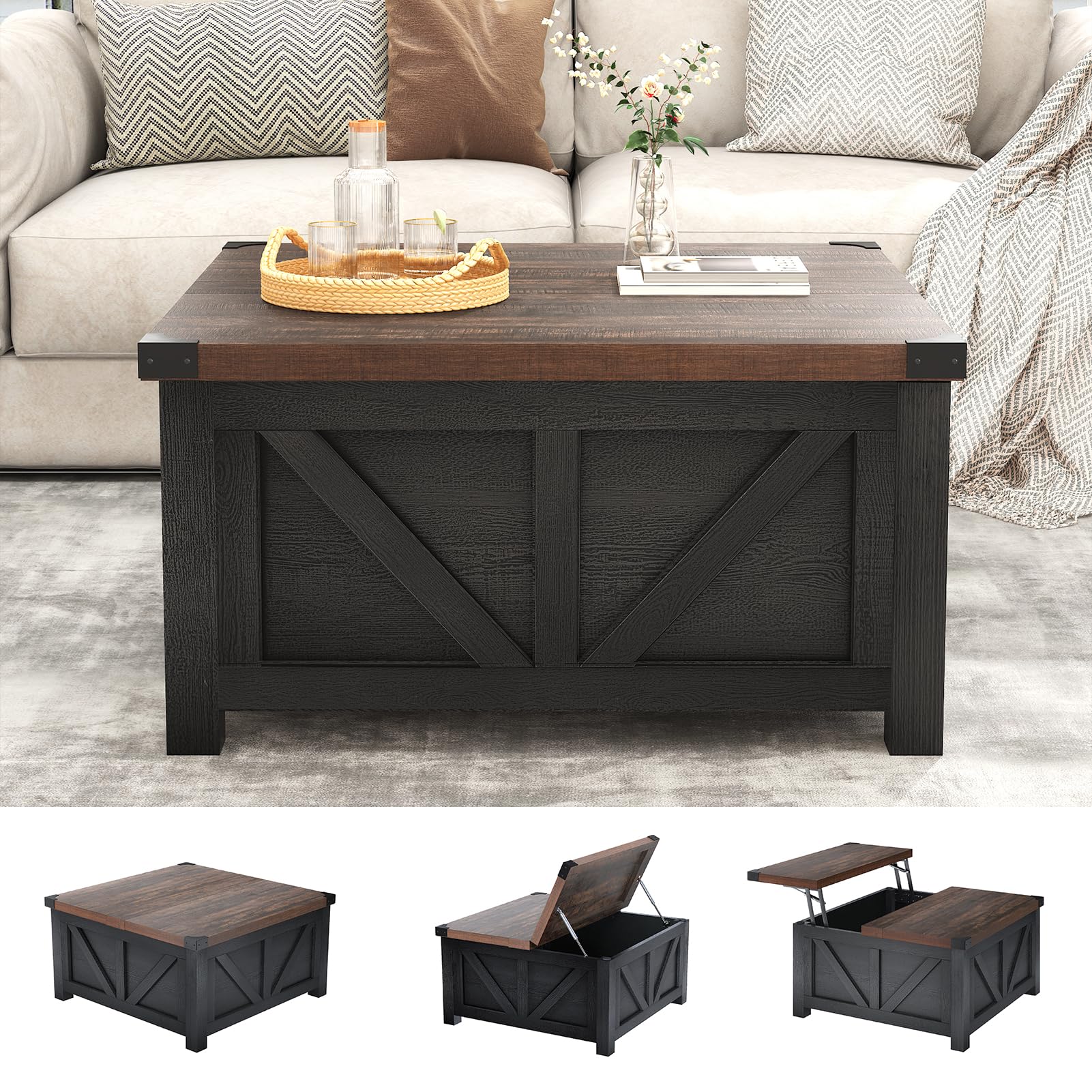 ChVans 35.6" Square Lift Top Coffee Table, Farmhouse Coffee Table with Storage & Charging Ports, Wood Center Table w/Large Hidden Space for Living Room Home Office, Brown