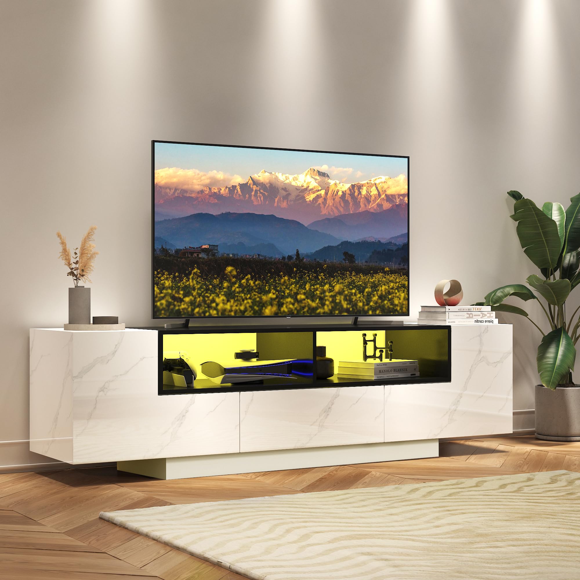 ANPOO 70" LED TV Stand for TVs up to 80" with Cabinet, 2 Open Shelves, Modern Entertainment Center Television Media Console for PS5 (White Marble)