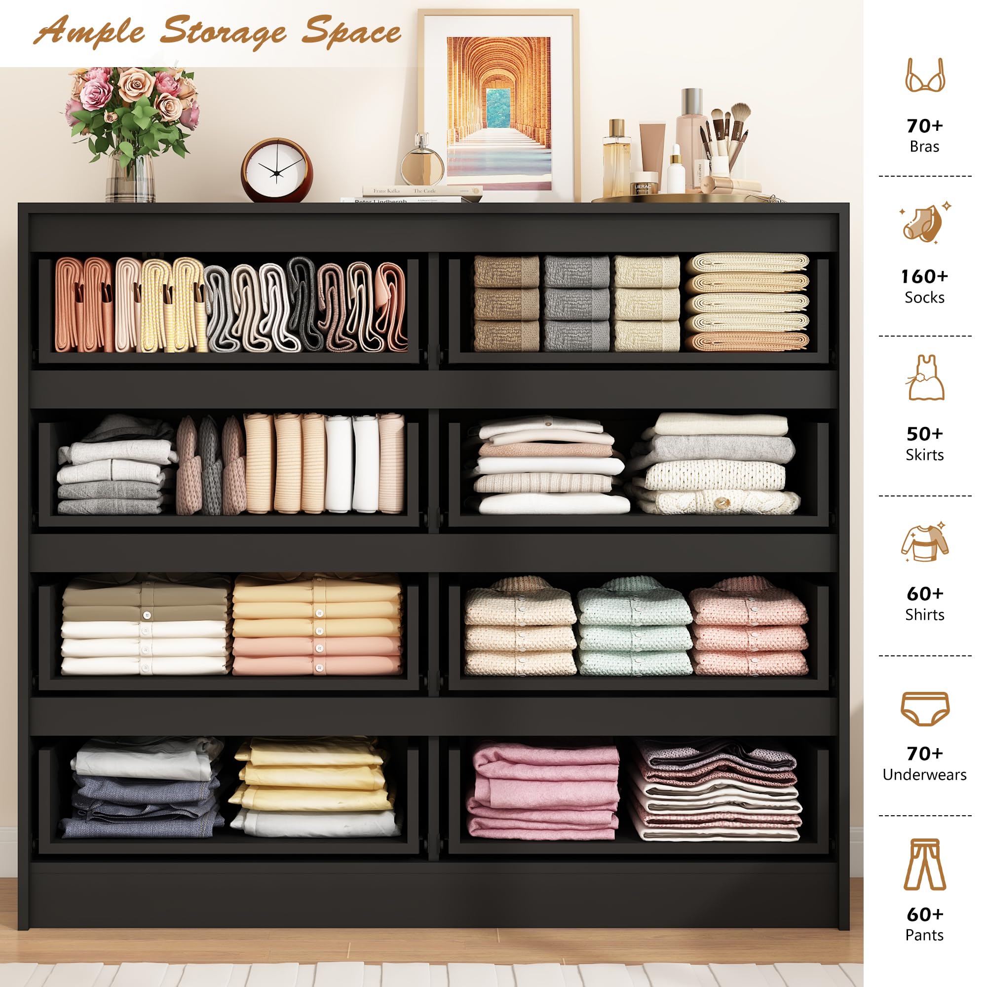 ChVans 8 Drawer Black Dresser for Bedroom, Modern High Gloss 8 Drawers Double Dressers, Wood Chest of Drawer Handle Free,Long Dresser for Bedroom,Living Room,Entryway,Hallway