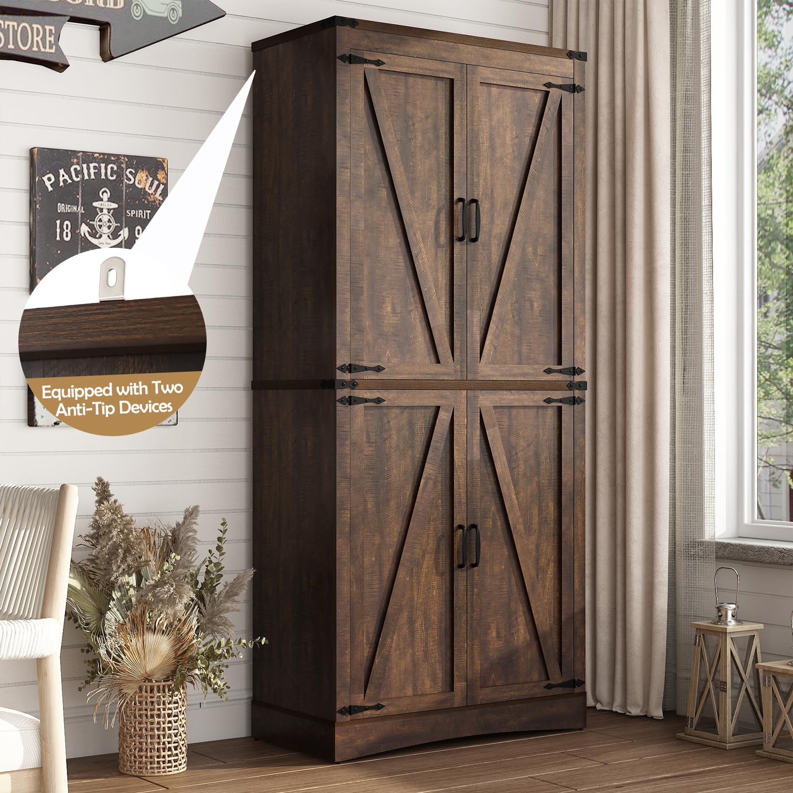 ChVans 71" Tall Farmhouse Kitchen Pantry with Adjustable Shelves,5 Layers Pantry Storage Cabinet with Load-Bearing Steel Pipe&4 Barn Doors for Kitchen,Dining Room,Living Room ,(Brown-71")