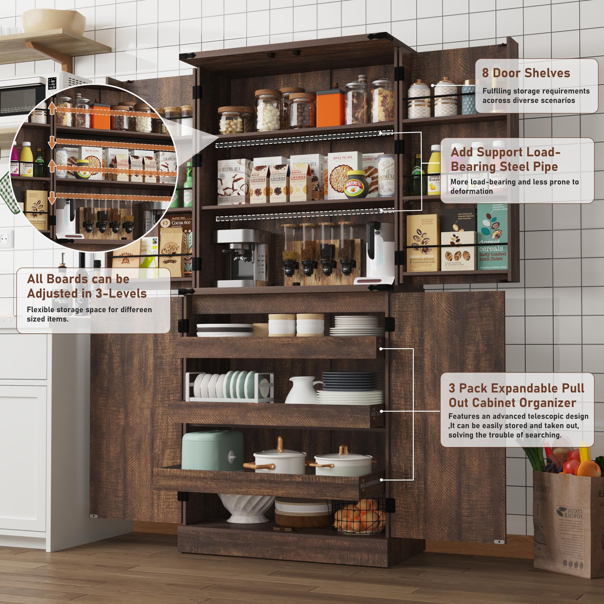 ChVans 71" Tall Farmhouse Kitchen Pantry with 6 Door Shelves & 3 Pack Drawers, 7 Layers Pantry Storage Cabinet w/Load-Bearing Steel Pipe/4 Barn Doors for Kitchen, Dining Room, Living Room,Brown