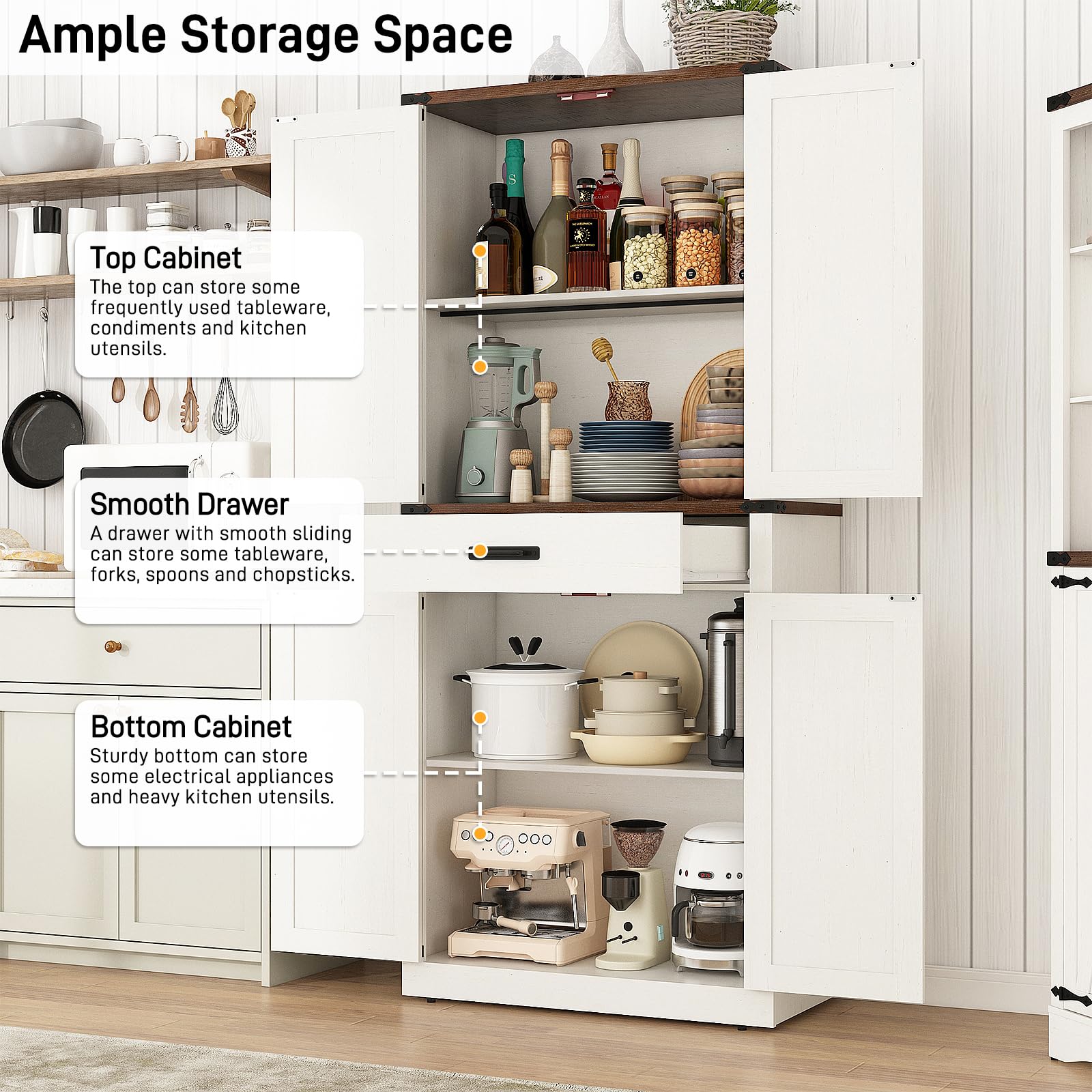 ChVans 72" Tall Farmhouse Kitchen Pantry with Drawer & Adjustable Shelves, 5 Layers Pantry Storage Cabinet w/Load-Bearing Steel Pipe & 4 Barn Doors for Kitchen, Dining Room, Living Room,Brown