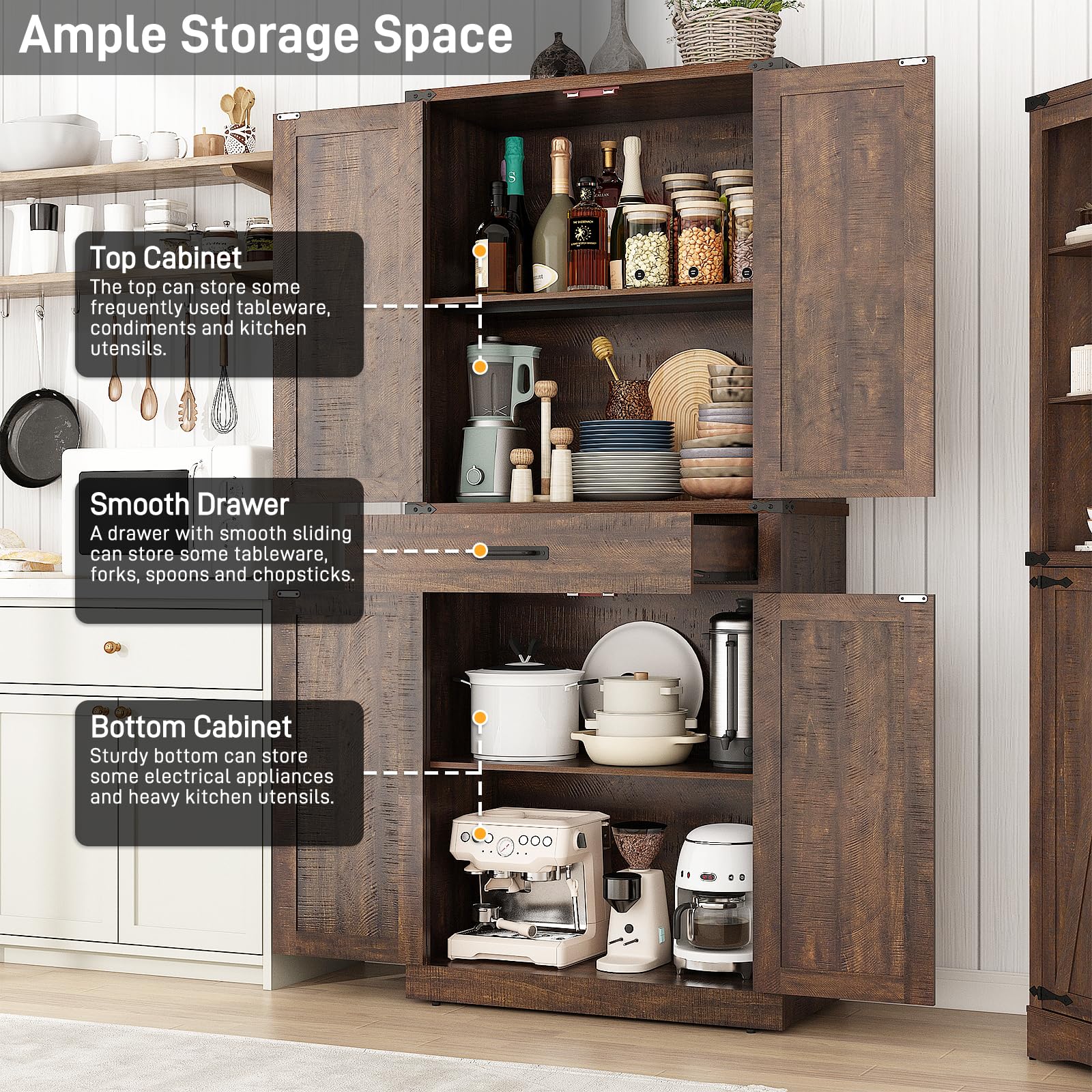 ChVans 72" Tall Farmhouse Kitchen Pantry with Drawer & Adjustable Shelves, 5 Layers Pantry Storage Cabinet w/Load-Bearing Steel Pipe & 4 Barn Doors for Kitchen, Dining Room, Living Room,Brown