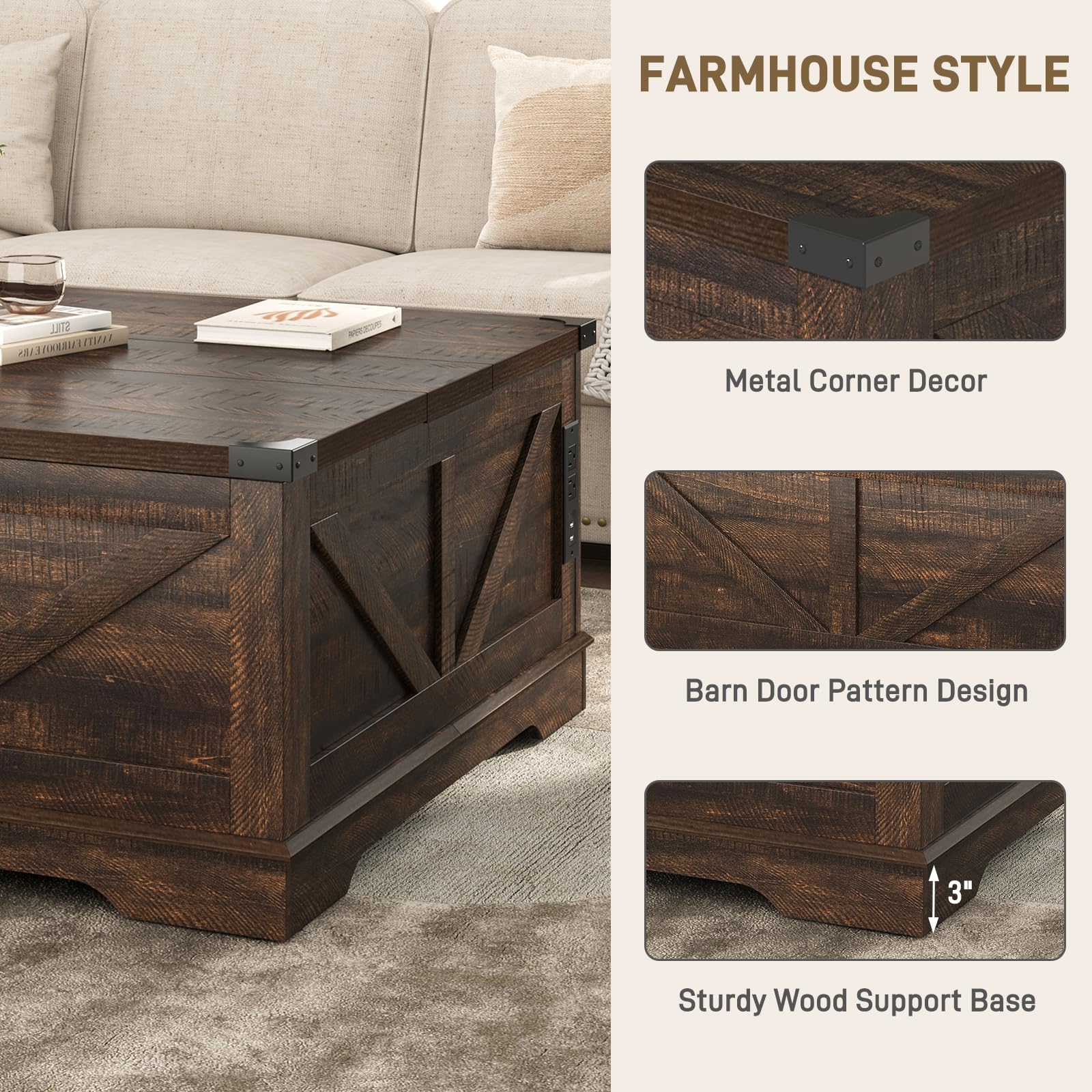 ChVans 35.6" Square Lift Top Coffee Table, Farmhouse Coffee Table with Storage & Charging Ports, Wood Center Table w/Large Hidden Space for Living Room Home Office, Brown