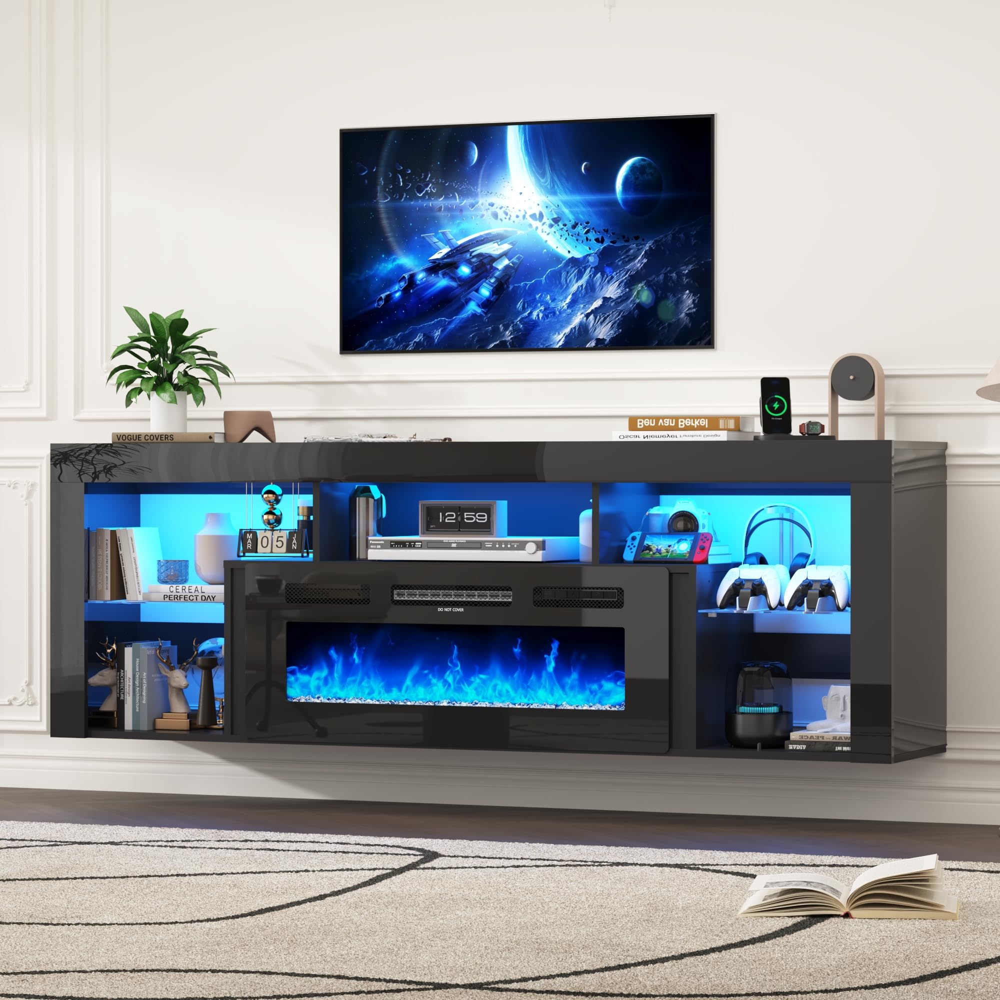 71'' Floating Fireplace TV Stand for 75/80''TV with 40'' Fireplace, LED Modern White High Gloss Entertainment Center w/lights, Power Outlet, Adjustable Shelf, 2-Tier TV Console Cabinet with Storage