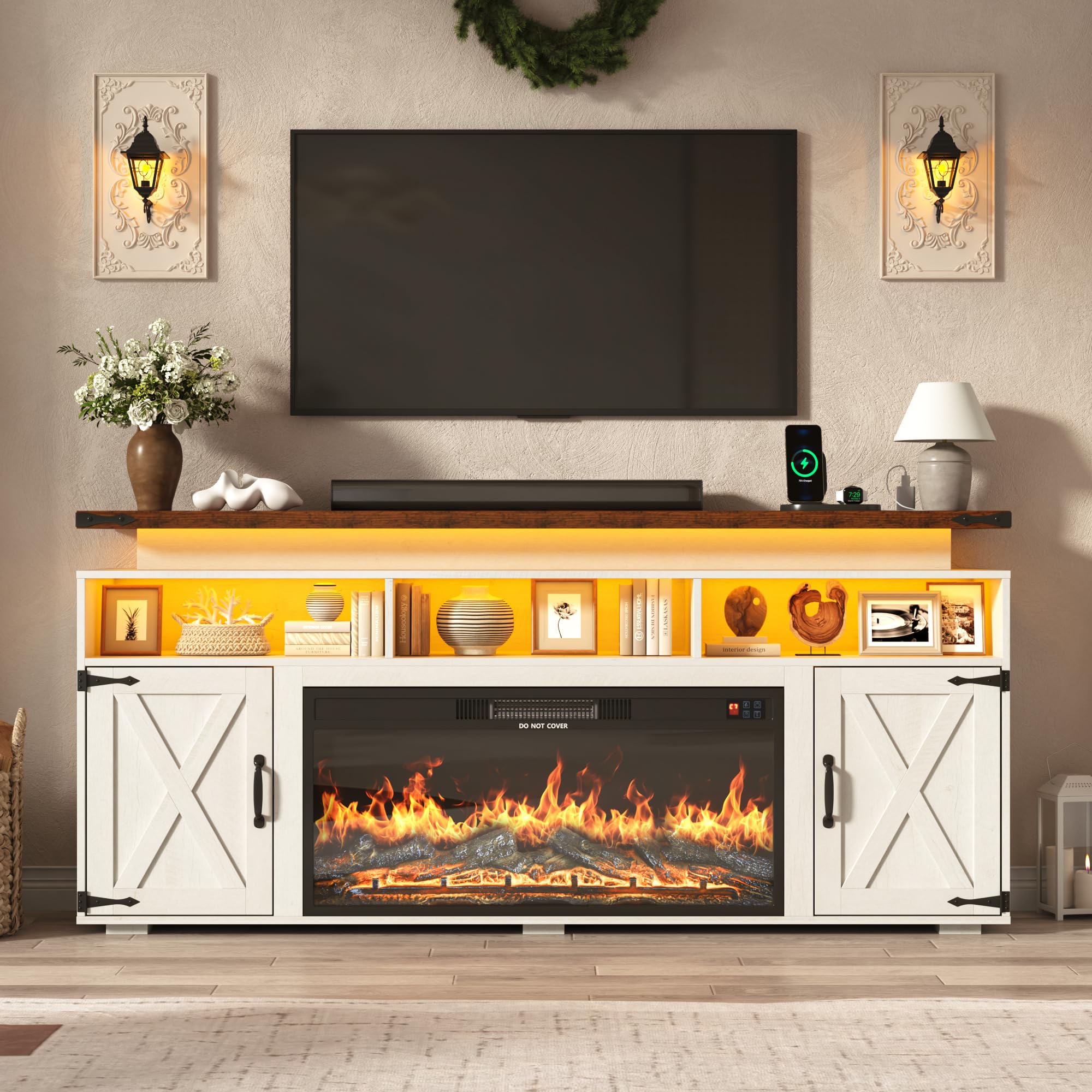 ChVans 70.8" Farmhouse Fireplace TV Stand for TVs up to 80" with 36" Electric Fireplace, 32" Tall Entertainment Center with Power Outlet/LED Lights, Media Console w/Sliding Barn Door for Living Room