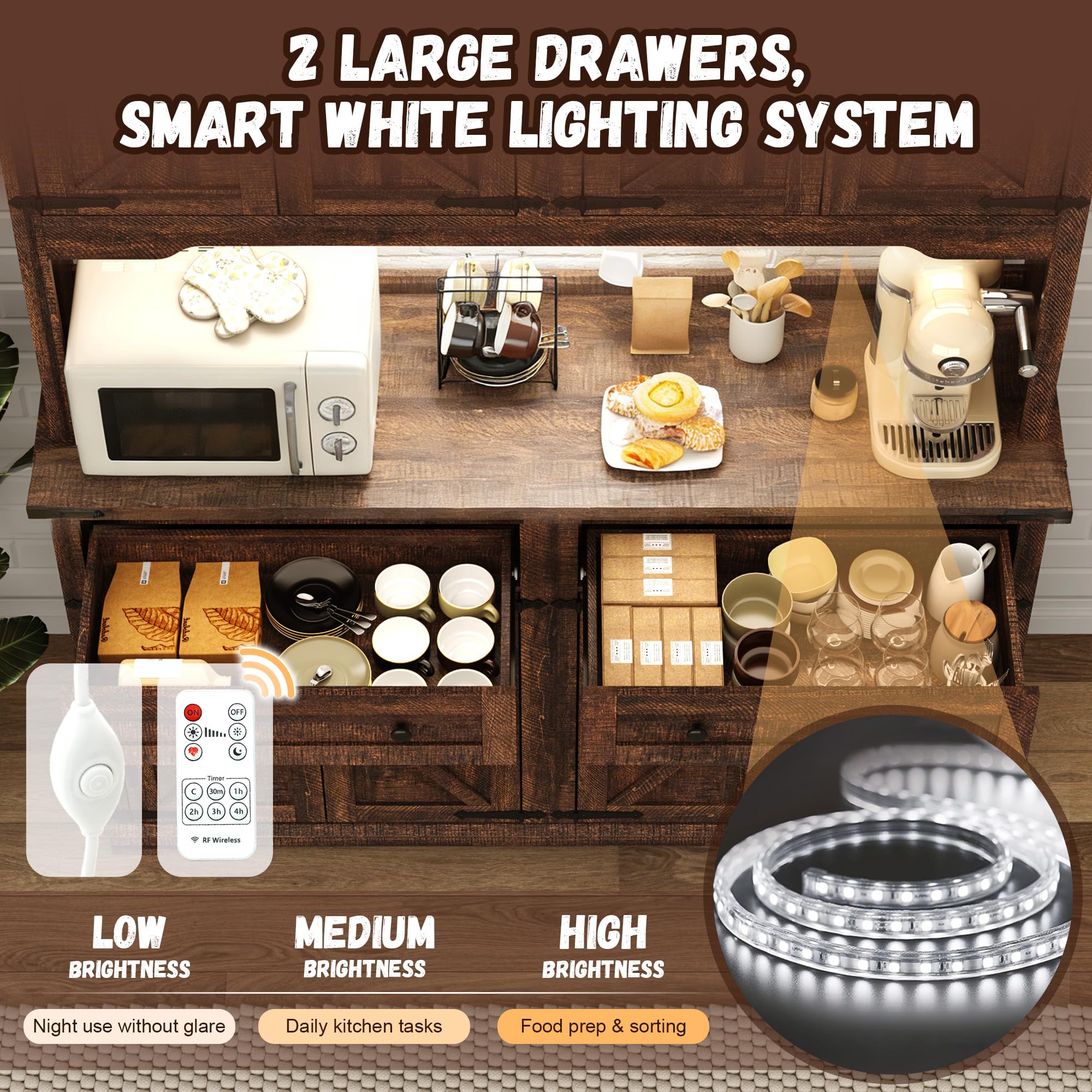 ANPOO 71" Tall Farmhouse Kitchen Pantry Cabinet with LED Light, Power Outlet & 4 Doors with Door-mounted Storage, Large Freestanding Storage Hutch with Open Countertop for Dining Room, Living Room