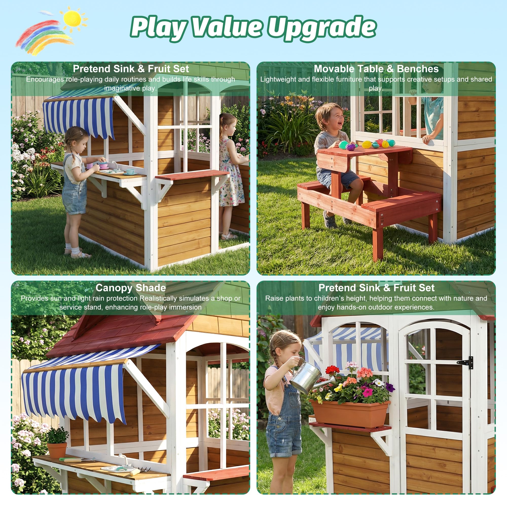 ANPOO Outdoor Wooden Kids Playhouse, Large Play House with Bench/Table/Kitchen/Flower Pot Holders/Toys, Outdoor Play Toy Gift for Ages 3+