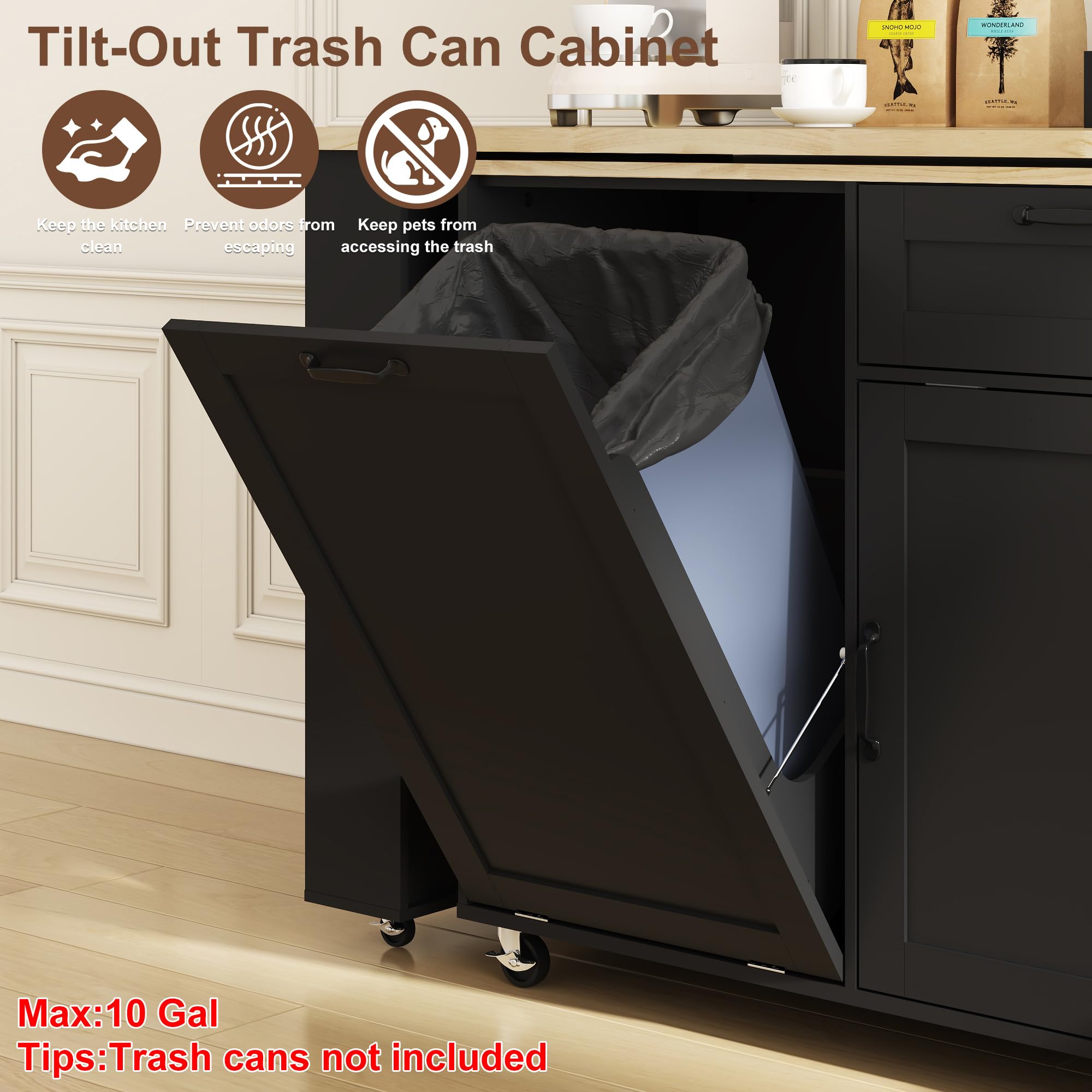 ANPOO 360° Rotating Rolling Kitchen Island Cart with Tilt-Out Trash Bin, Extendable Table, Spice Rack, Storage Cabinet & Drawer, Lockable Wheels, Modern Wooden Cart for Kitchens & Dining Rooms