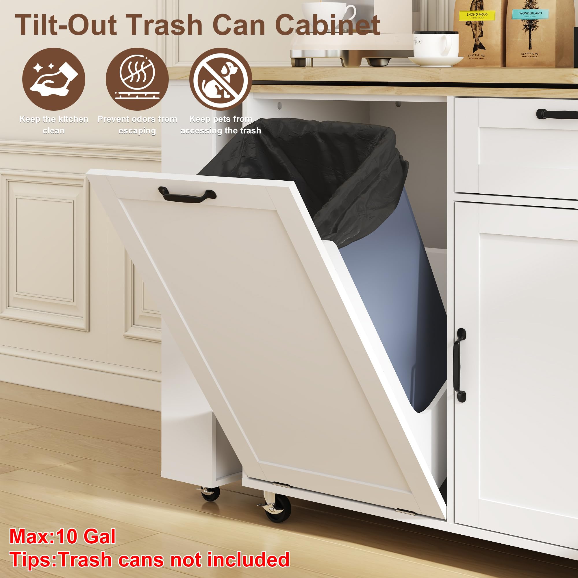 ANPOO 360° Rotating Rolling Kitchen Island Cart with Tilt-Out Trash Bin, Extendable Table, Spice Rack, Storage Cabinet & Drawer, Lockable Wheels, Modern Wooden Cart for Kitchens & Dining Rooms