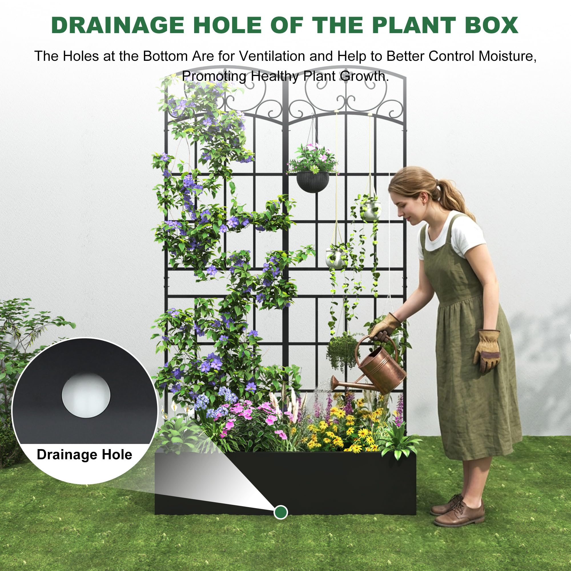 Coumy Metal Raised Garden Bed with Trellis, 70.9"x40.4"x11.8" Planter Box with Drainage Holes & Privacy Screen for Climbing Plants, Vegetables & Vines