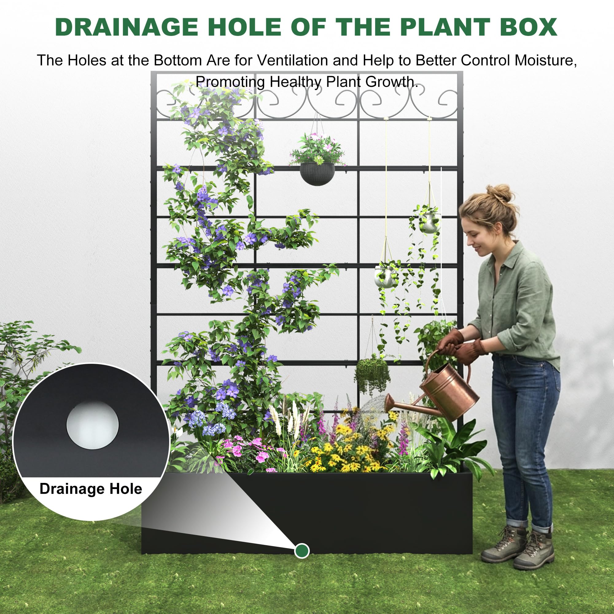 Coumy Metal Raised Garden Bed with Trellis, 70.9"x47.2"x12" Planter Box with Drainage Holes & Privacy Screen for Climbing Plants, Vegetables & Vines