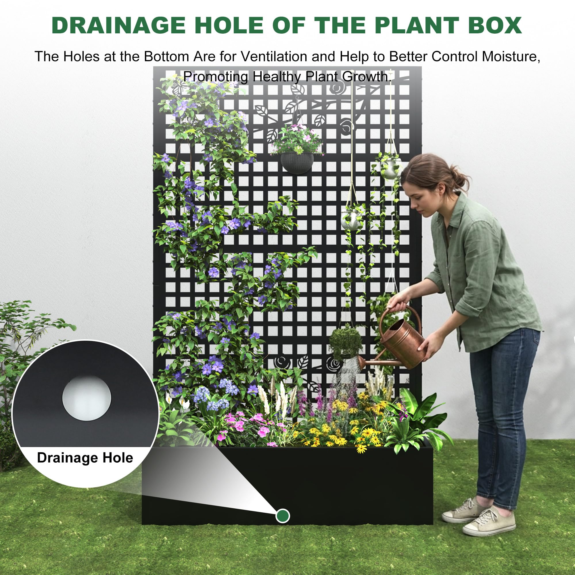 Coumy Metal Raised Garden Bed with Trellis, 70.9"x43.3"x15.8" Planter Box with Drainage Holes & Privacy Screen for Climbing Plants, Vegetables & Vines