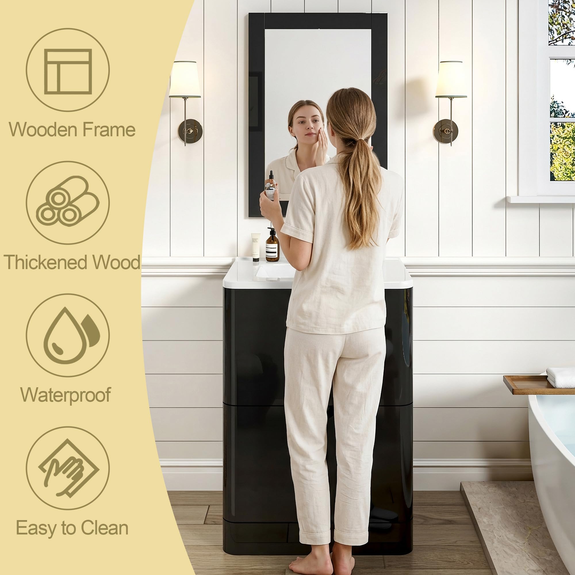 ANPOO 24 Inch High Gloss Bathroom Vanity with Sink, Mirror and Faucet, Freestanding Storage Cabinet with 2 Drawers, Modern Ceramic Sink Vanity Combo
