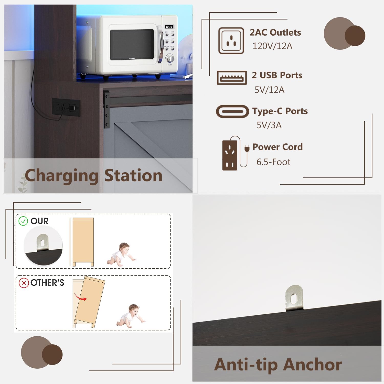 75" Tall Large Farmhouse Coffee Bar Cabinet, 63" Wide Buffet Sideboard with Barn Door, LED Lights, Outlets, 10 Wine Bottle/12 Wine Glasses Rack, 2 Drawers