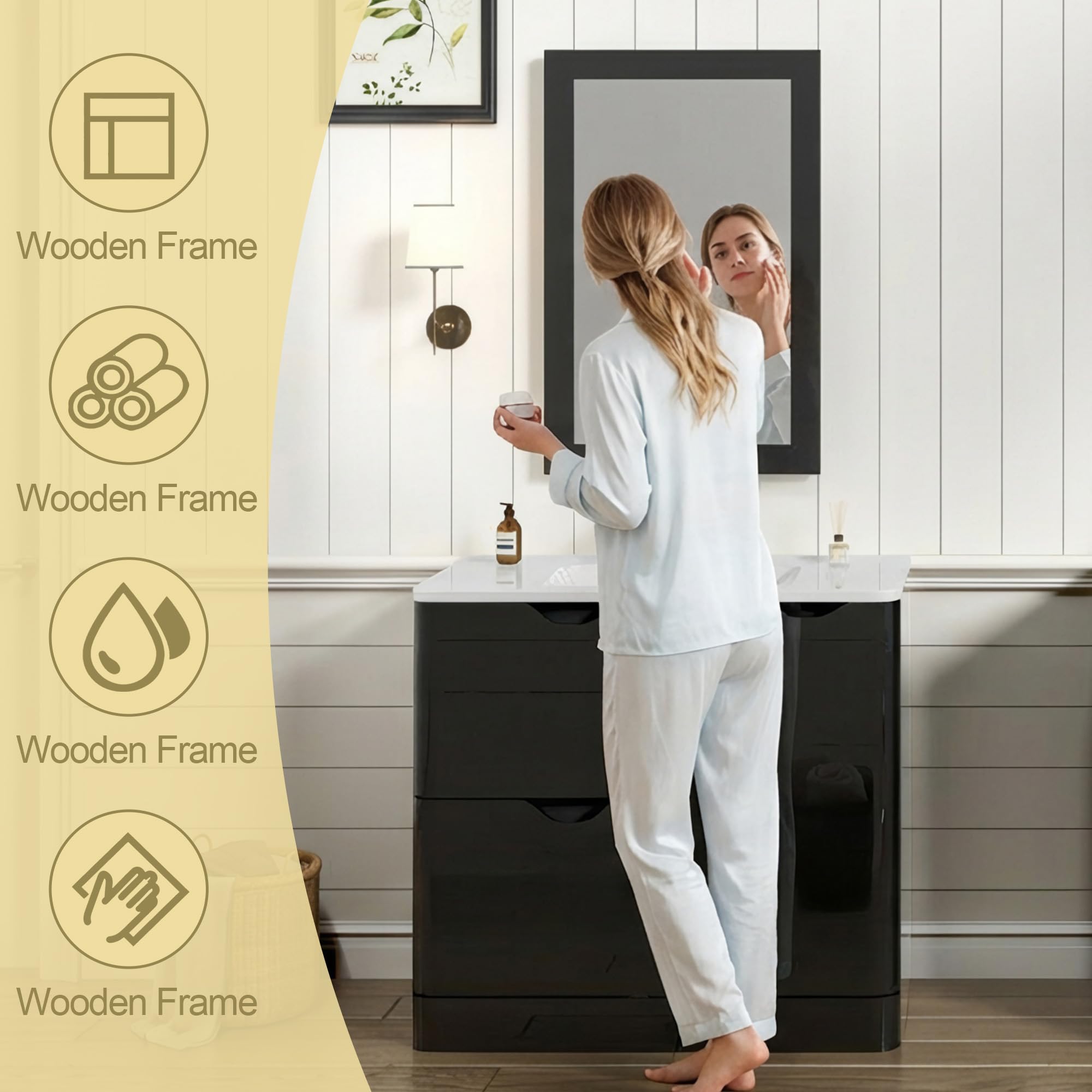 ANPOO 24 Inch High Gloss Bathroom Vanity with Sink, Mirror and Faucet, Freestanding Storage Cabinet with 2 Drawers, Modern Ceramic Sink Vanity Combo
