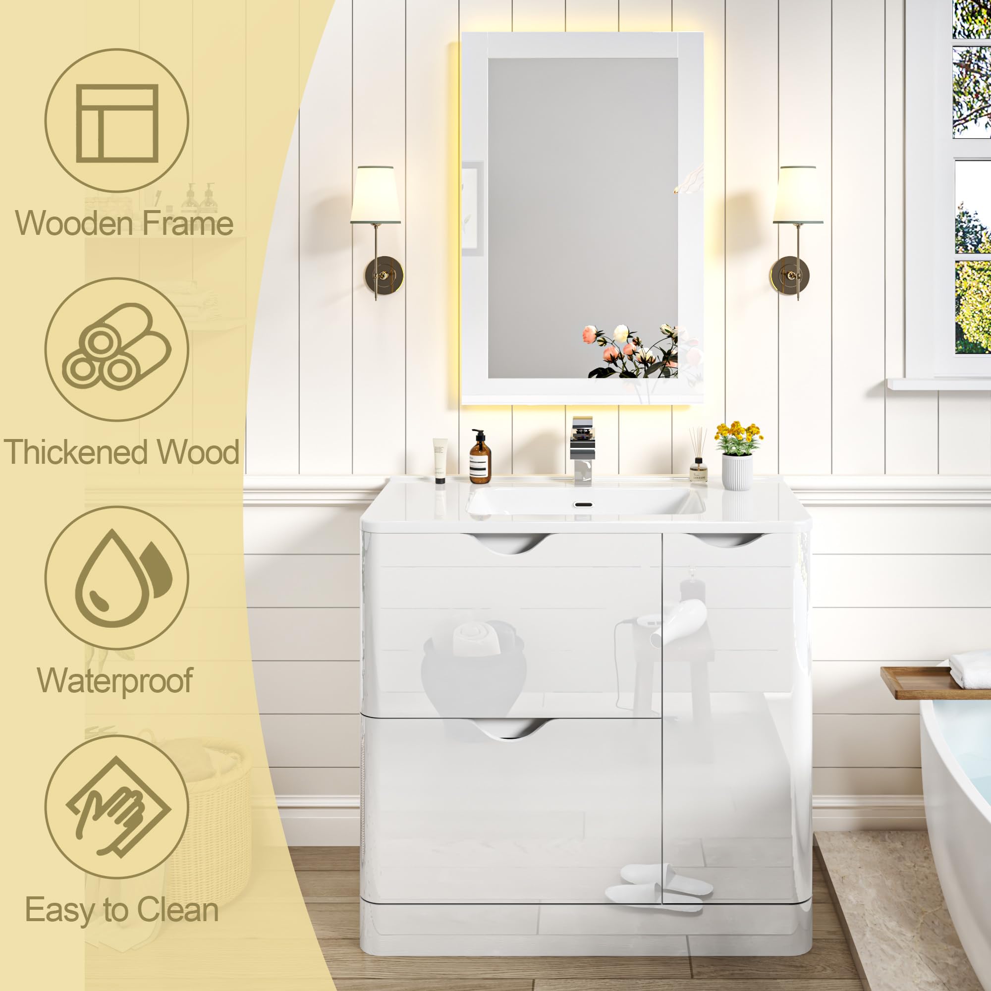 ANPOO 24 Inch High Gloss Bathroom Vanity with Sink, Mirror and Faucet, Freestanding Storage Cabinet with 2 Drawers, Modern Ceramic Sink Vanity Combo