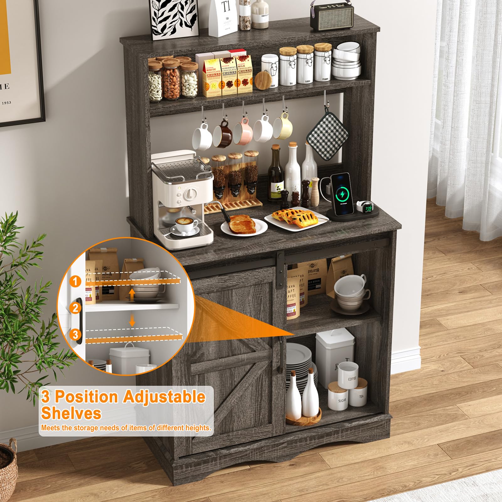 ChVans 32" Farmhouse Coffee Bar Cabinet with Storage, Aquarium Stand Fish Tank Table, Grey Accent Cabinets for Living Room, Entryway, White