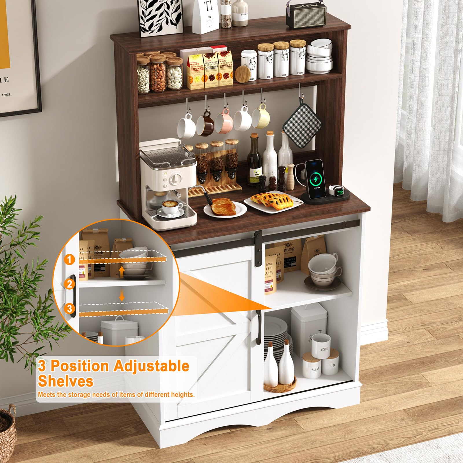 ChVans 32" Farmhouse Coffee Bar Cabinet with Storage, Aquarium Stand Fish Tank Table, Grey Accent Cabinets for Living Room, Entryway, White