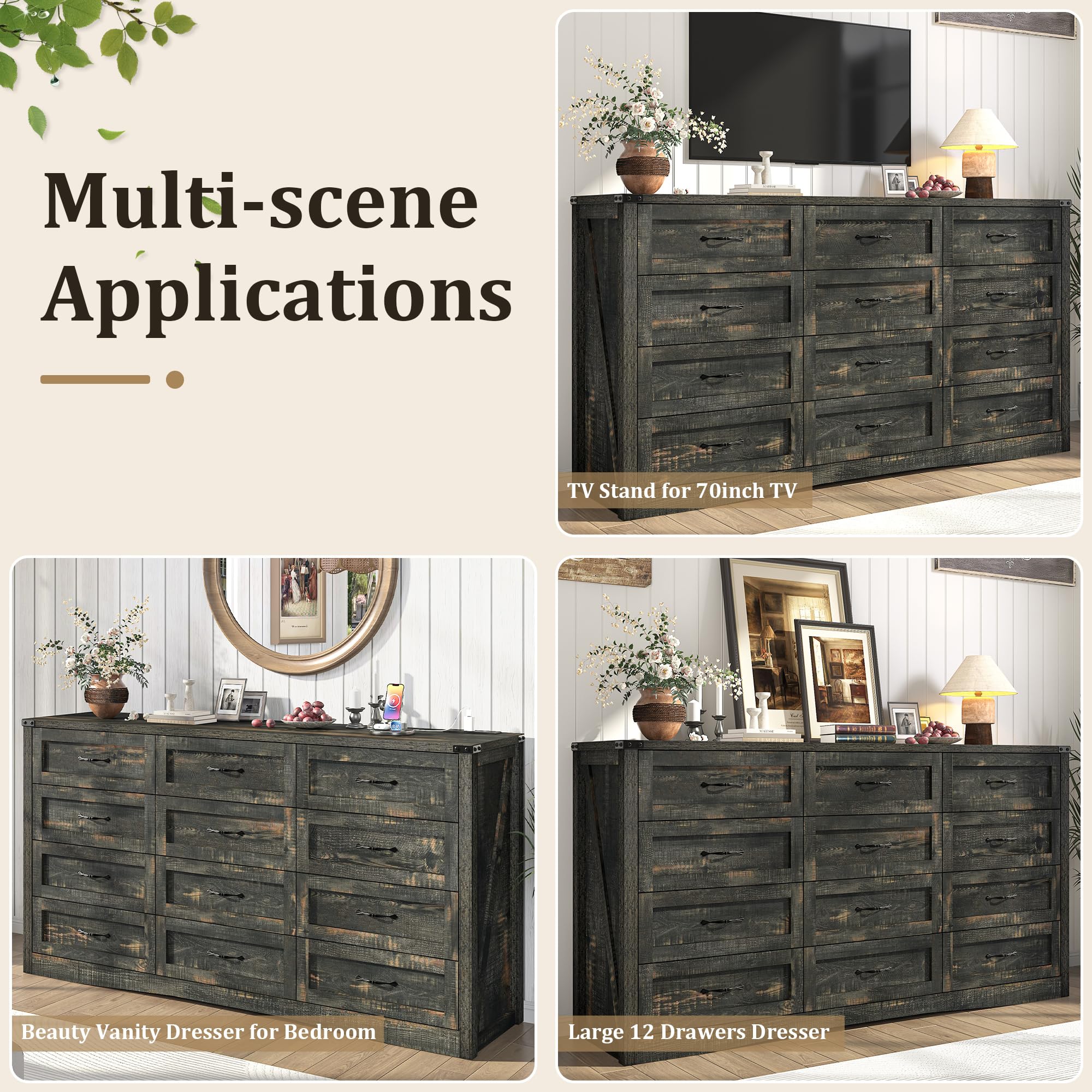 ANPOO 63 Inch Wide Rustic Farmhouse 12 Drawer Dresser, Vintage Wood Chest with Built-in Multi Power Outlet, Wood Dresser for Bedroom, Living Room, Hallway