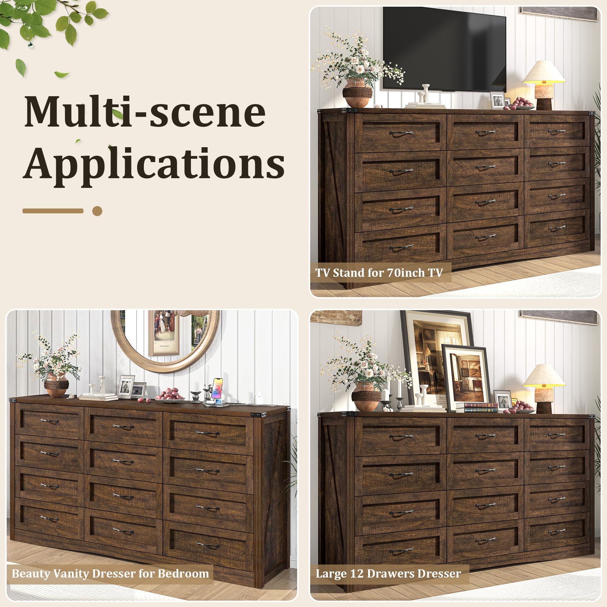 ANPOO 63 Inch Wide Rustic Farmhouse 12 Drawer Dresser, Vintage Wood Chest with Built-in Multi Power Outlet, Wood Dresser for Bedroom, Living Room, Hallway