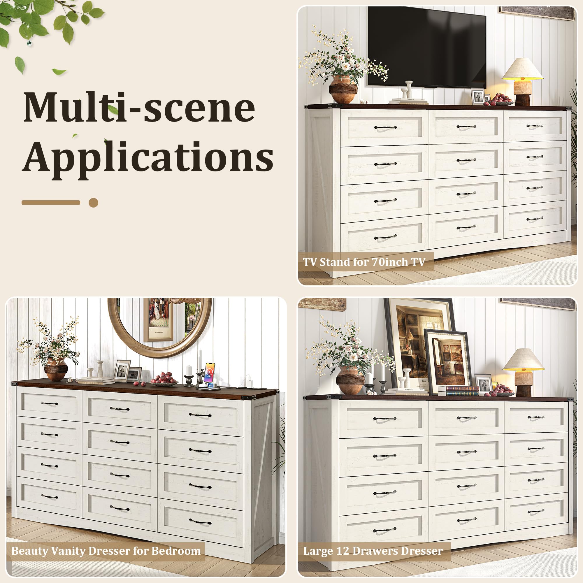 ANPOO 63 Inch Wide Rustic Farmhouse 12 Drawer Dresser, Vintage Wood Chest with Built-in Multi Power Outlet, Wood Dresser for Bedroom, Living Room, Hallway