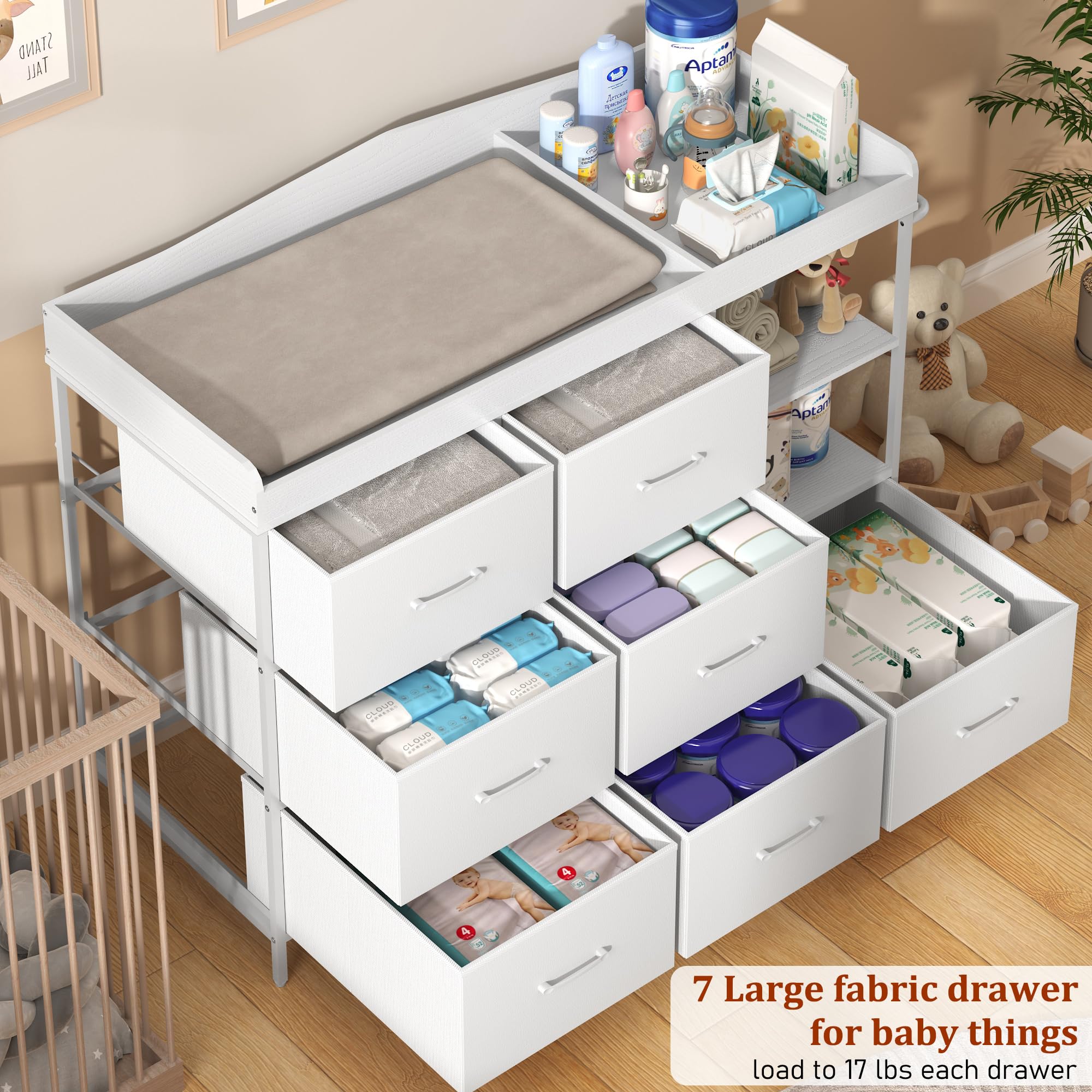 ANPOO Baby Changing Table Dresser with 7 Fabric Drawers, Changing Top & Open Shelves, Nursery Storage Organizer White
