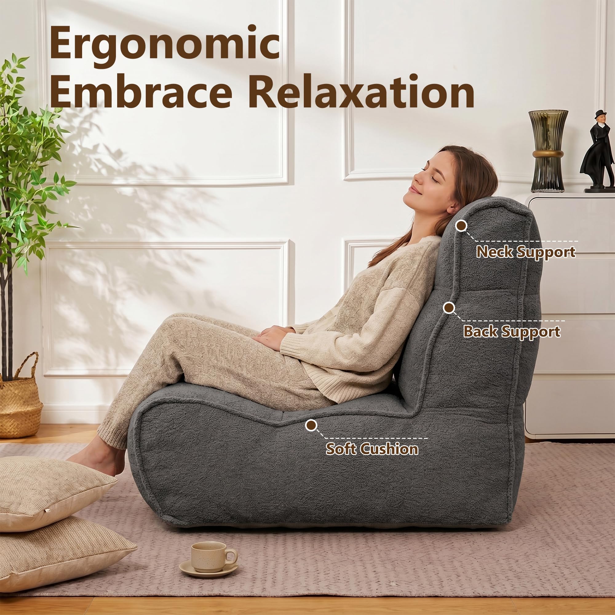 Chenille Bean Bag Floor Couch, Oversized Memory Foam Lazy Sofa, Plush Textured Floor Lounger for Bedroom, Living Room, Dorm & Game Room