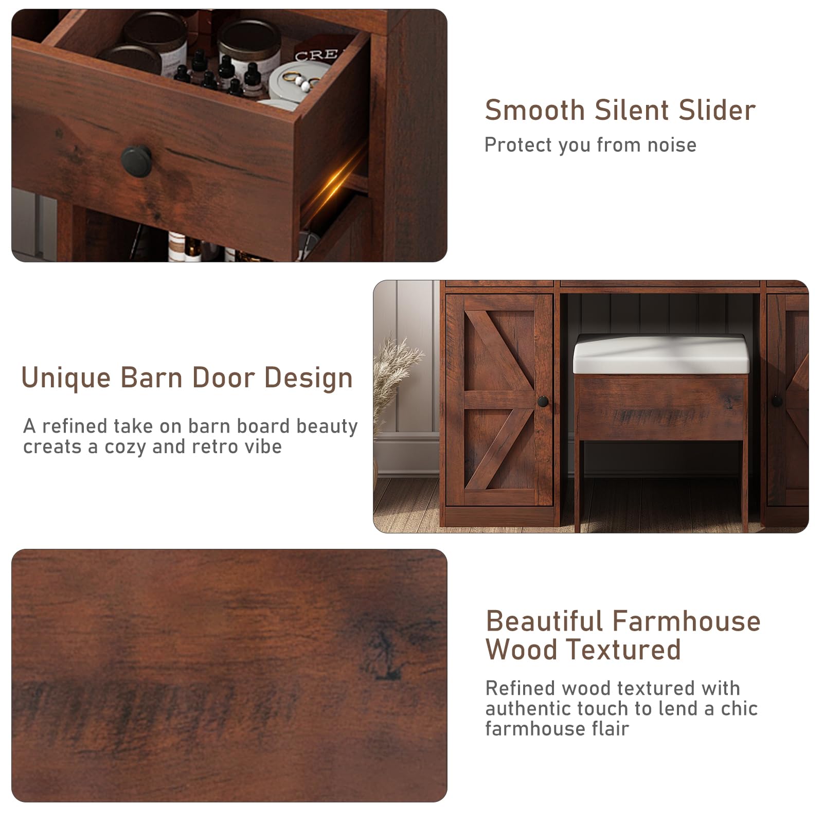 ANPOO Farmhouse Vanity Desk with Outlet & Stool, 43.2" Vanity Table Wood Makeup Desk with Mirror and Lights, Rustic LED Vanity Set for Women, Girls