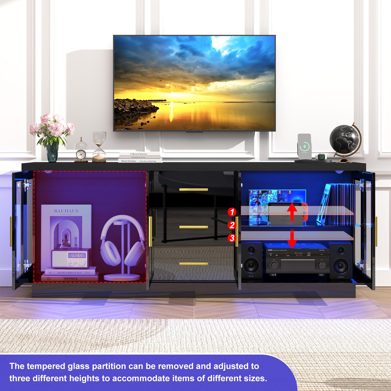 ChVans 69" Modern LED TV Stand for TVs up to 80" with Power Outlets, High Gloss Entertainment Center with Open Shelves & Storage Cabinets & Drawers for Living Room, Game Room, Bedroom