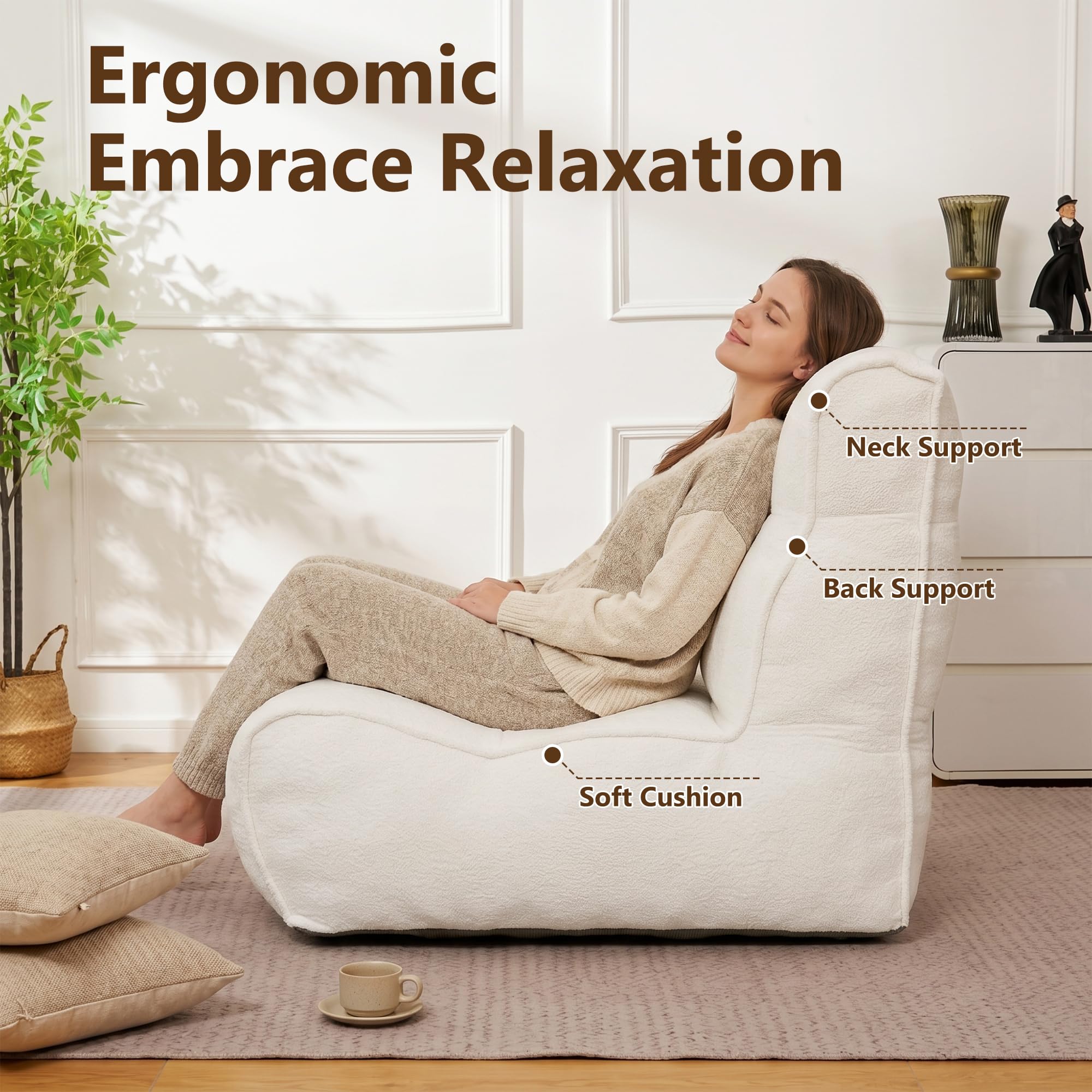 Chenille Bean Bag Floor Couch, Oversized Memory Foam Lazy Sofa, Plush Textured Floor Lounger for Bedroom, Living Room, Dorm & Game Room