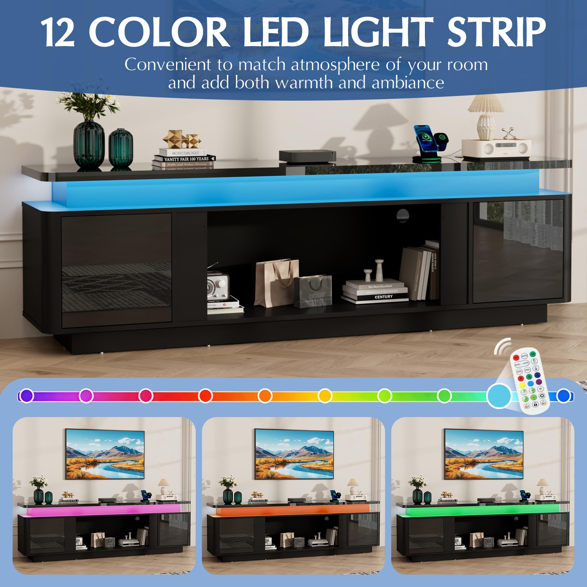  71 Inch White High Gloss Media Console, TV Cabinet With Power Strip, LED Lights & Storage For Up To 80 Inch Television